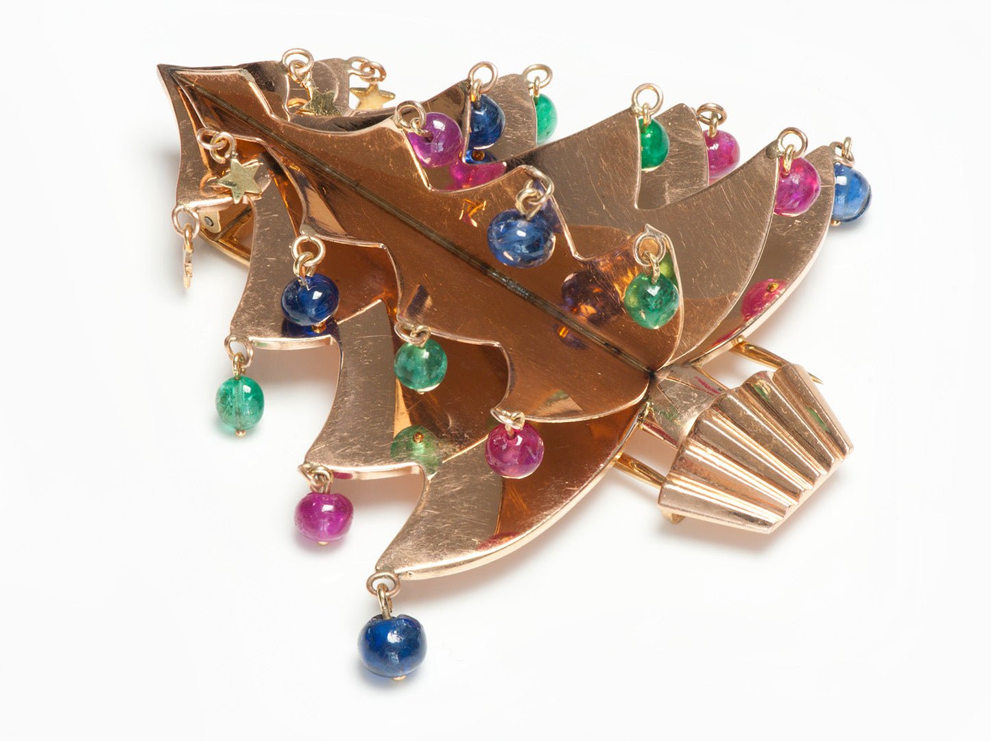 Trabert Hoeffer Mauboussin Ruby Emerald Sapphire Gold Christmas Tree Brooch