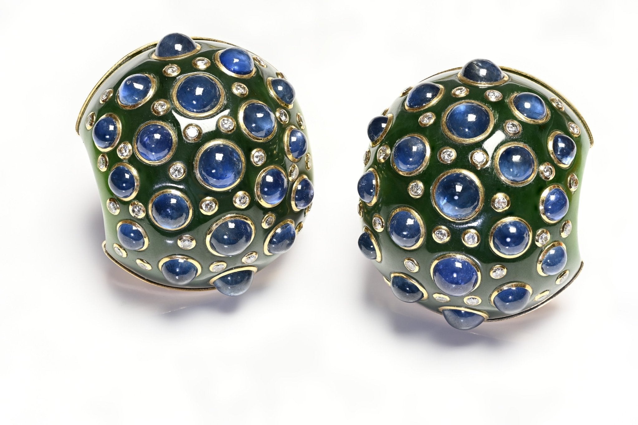 Trianon 18K Gold Jade Sapphire Diamond Clip Brooches