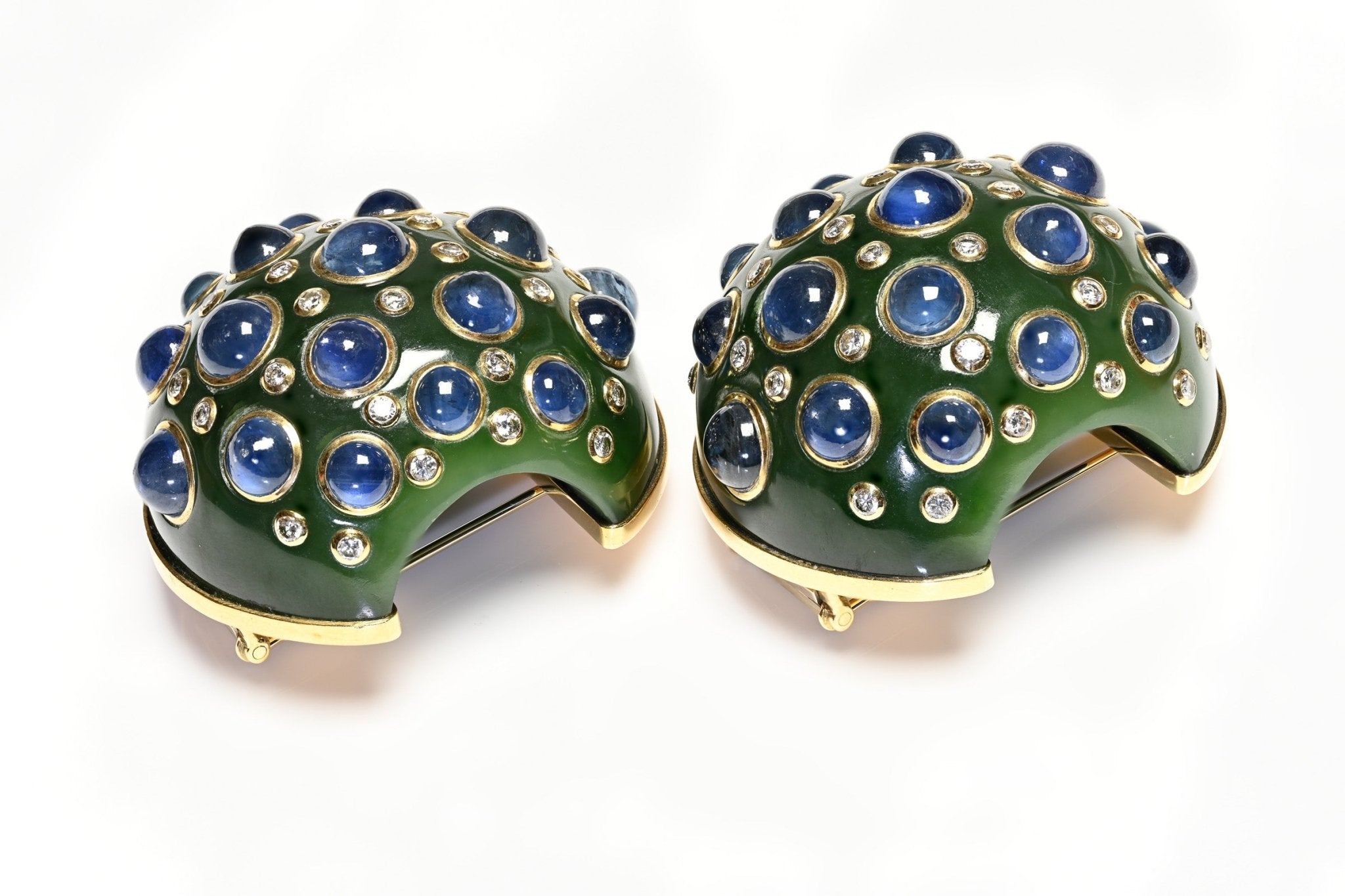 Trianon 18K Gold Jade Sapphire Diamond Clip Brooches