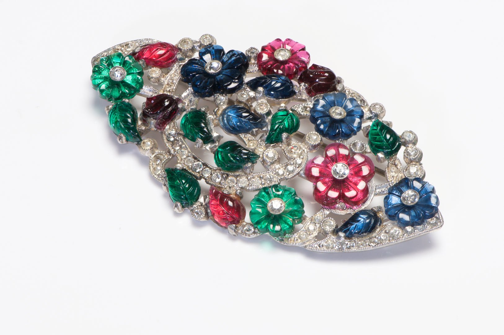 Trifari 1930’s Tutti Frutti Alfred Philippe Blue Green Red Flower Crystal Brooch