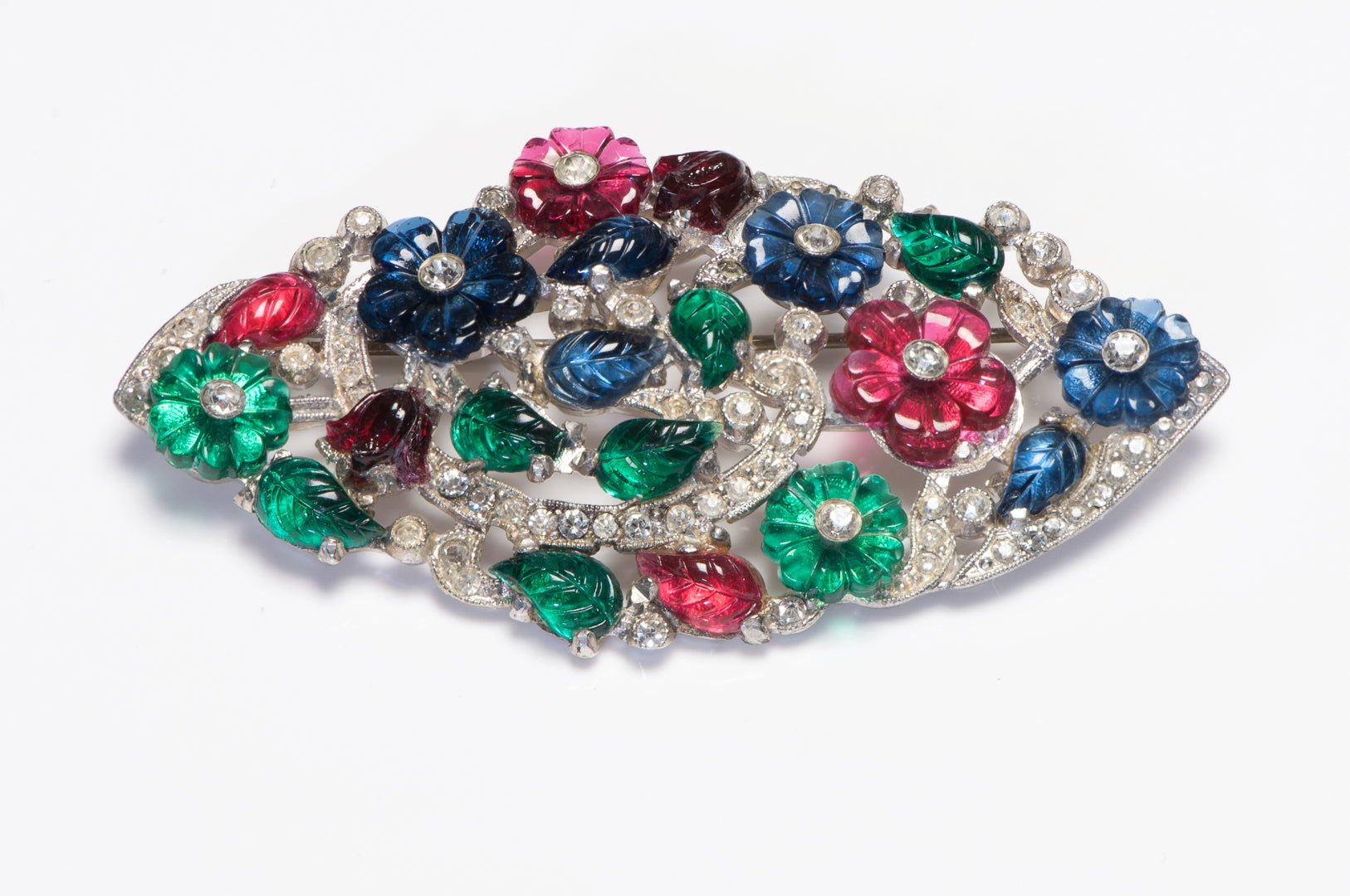 Trifari 1930’s Tutti Frutti Alfred Philippe Blue Green Red Flower Crystal Brooch