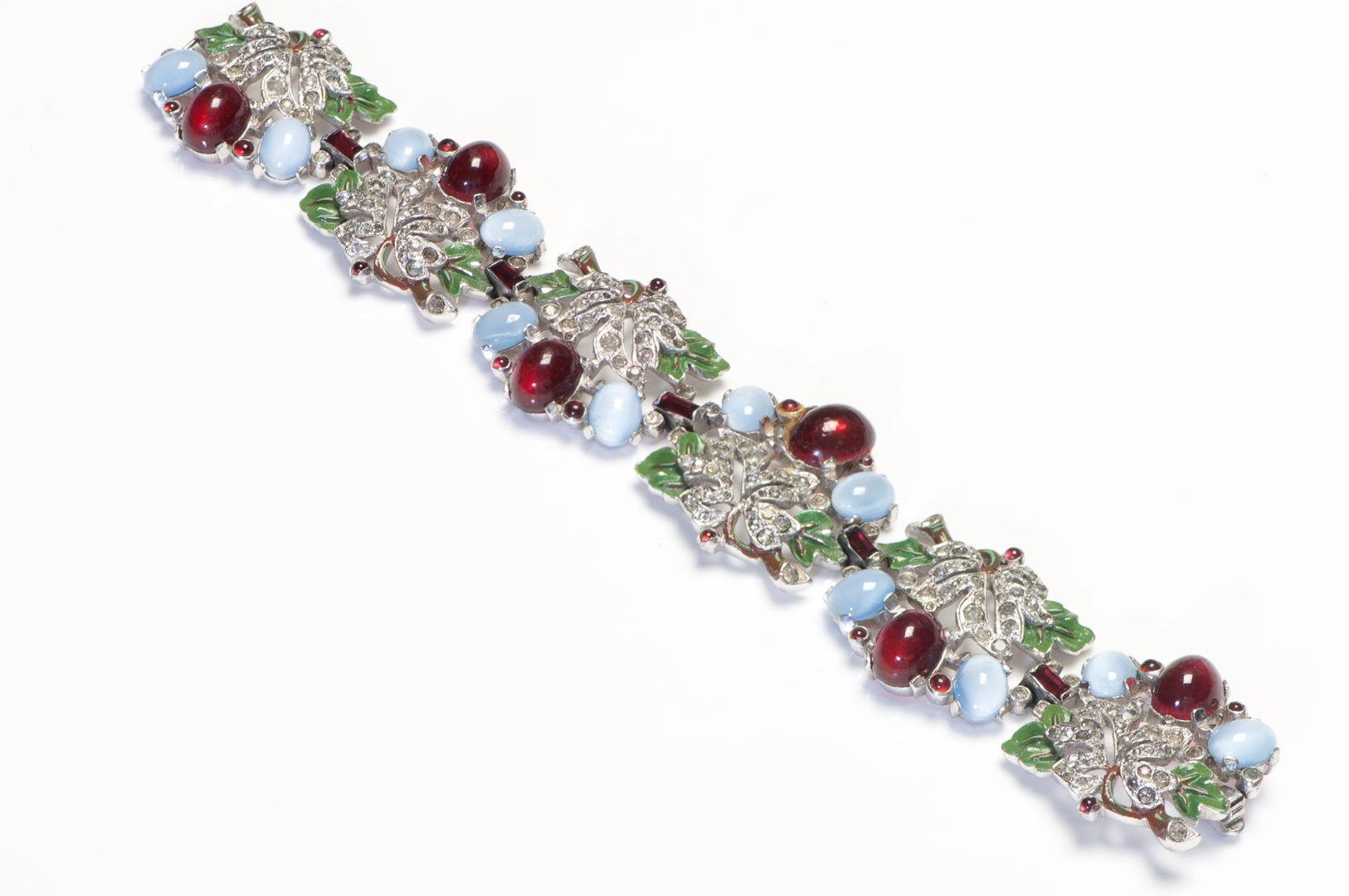 Trifari 1940’s Alfred Philippe Blue Red Cabochon Glass Leaf Enamel Bracelet