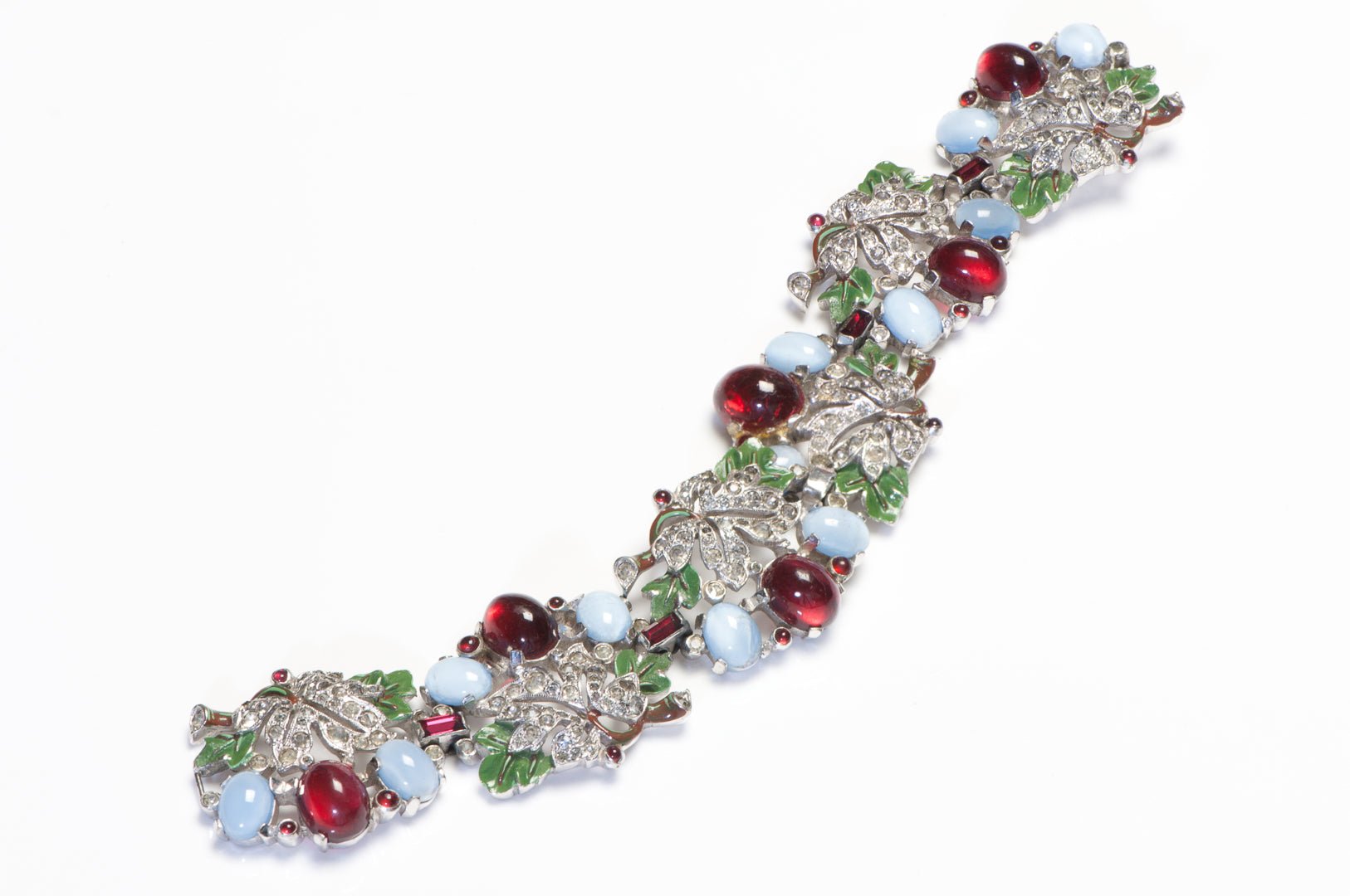 Trifari 1940’s Alfred Philippe Blue Red Cabochon Glass Leaf Enamel Bracelet