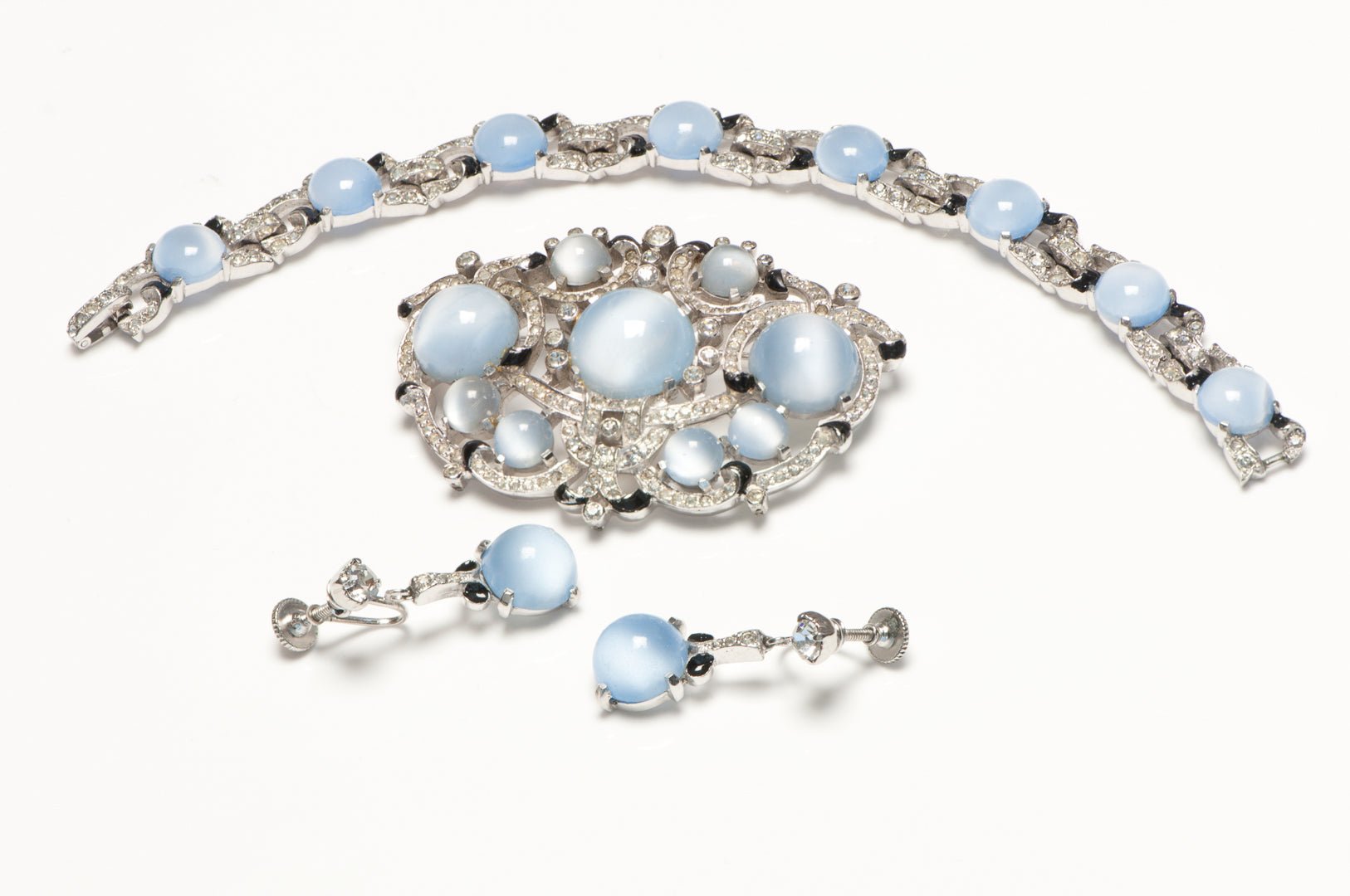 Trifari 1940’s Alfred Philippe Moonstone Cabochon Earrings Bracelet Brooch Set