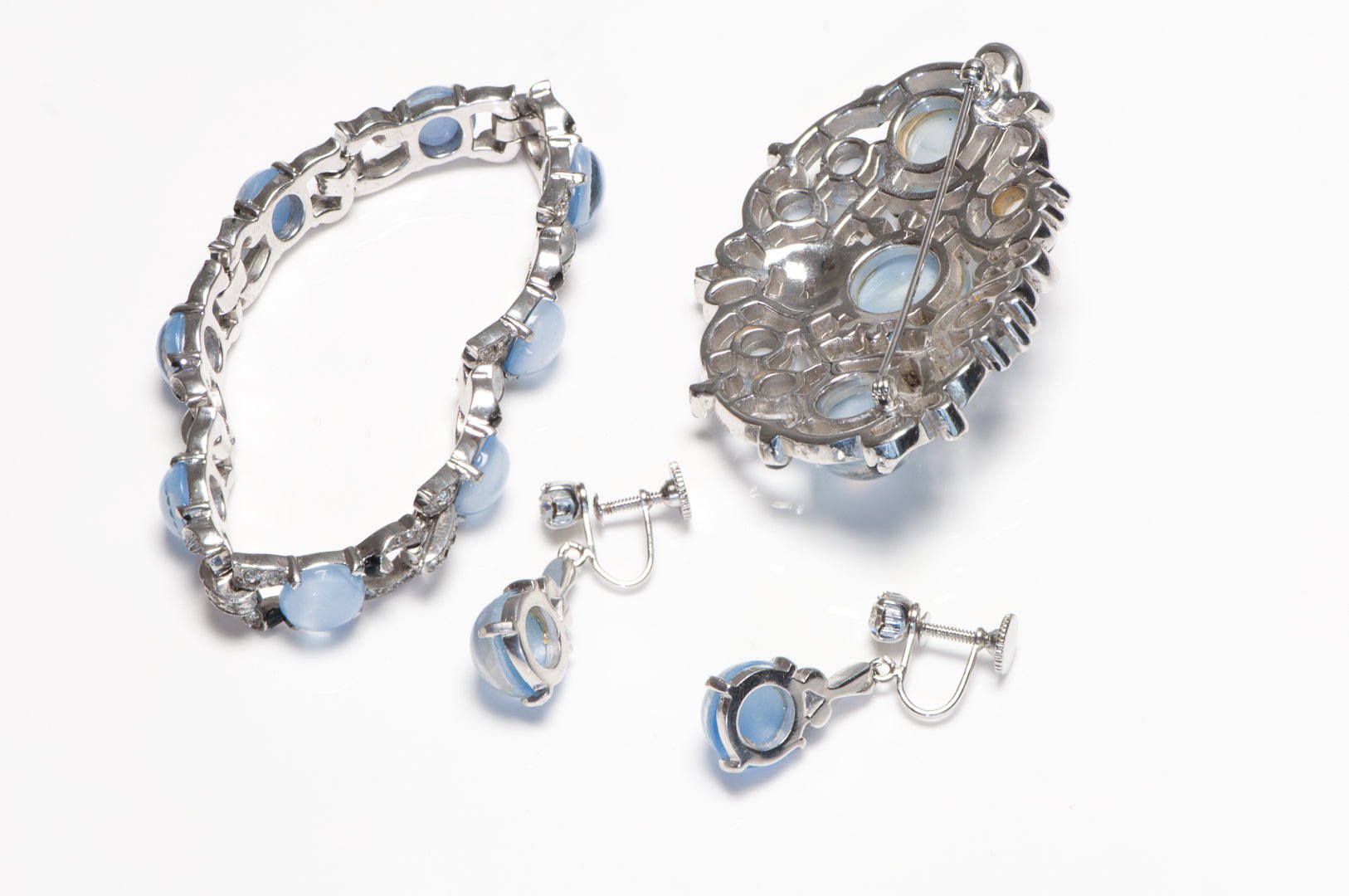 Trifari 1940’s Alfred Philippe Moonstone Cabochon Earrings Bracelet Brooch Set