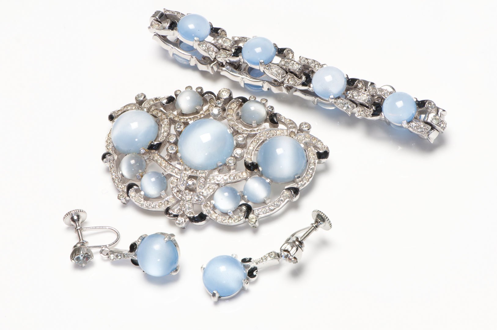 Trifari 1940’s Alfred Philippe Moonstone Cabochon Earrings Bracelet Brooch Set