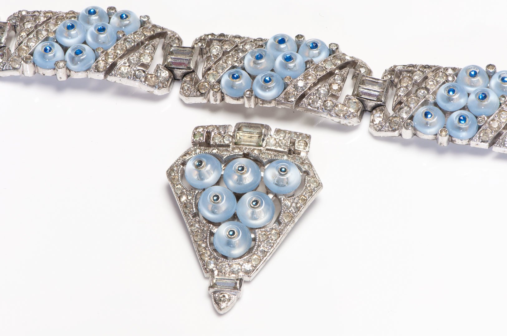 Trifari 1940’s Alfred Philippe Moonstone Glass Beads Crystal Bracelet Clip Set