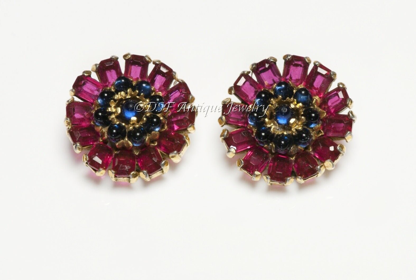 TRIFARI 1940’s Alfred Philippe Red Crystal Blue Cabochon Glass Flower Earrings