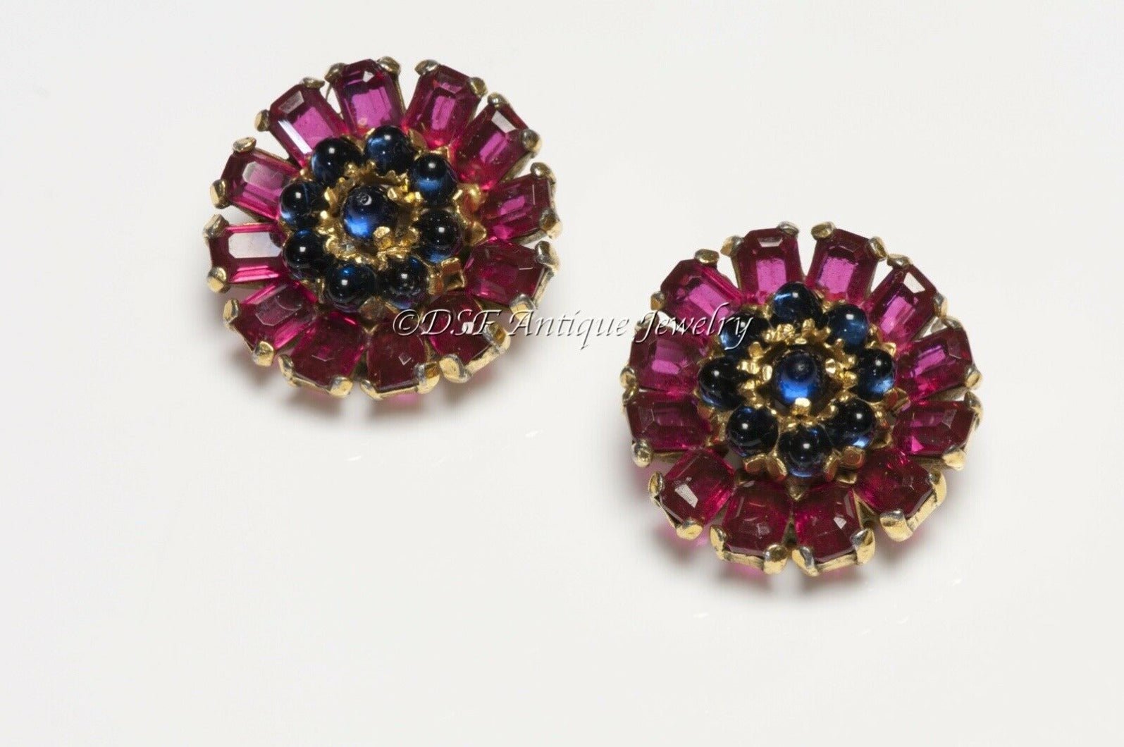 TRIFARI 1940’s Alfred Philippe Red Crystal Blue Cabochon Glass Flower Earrings
