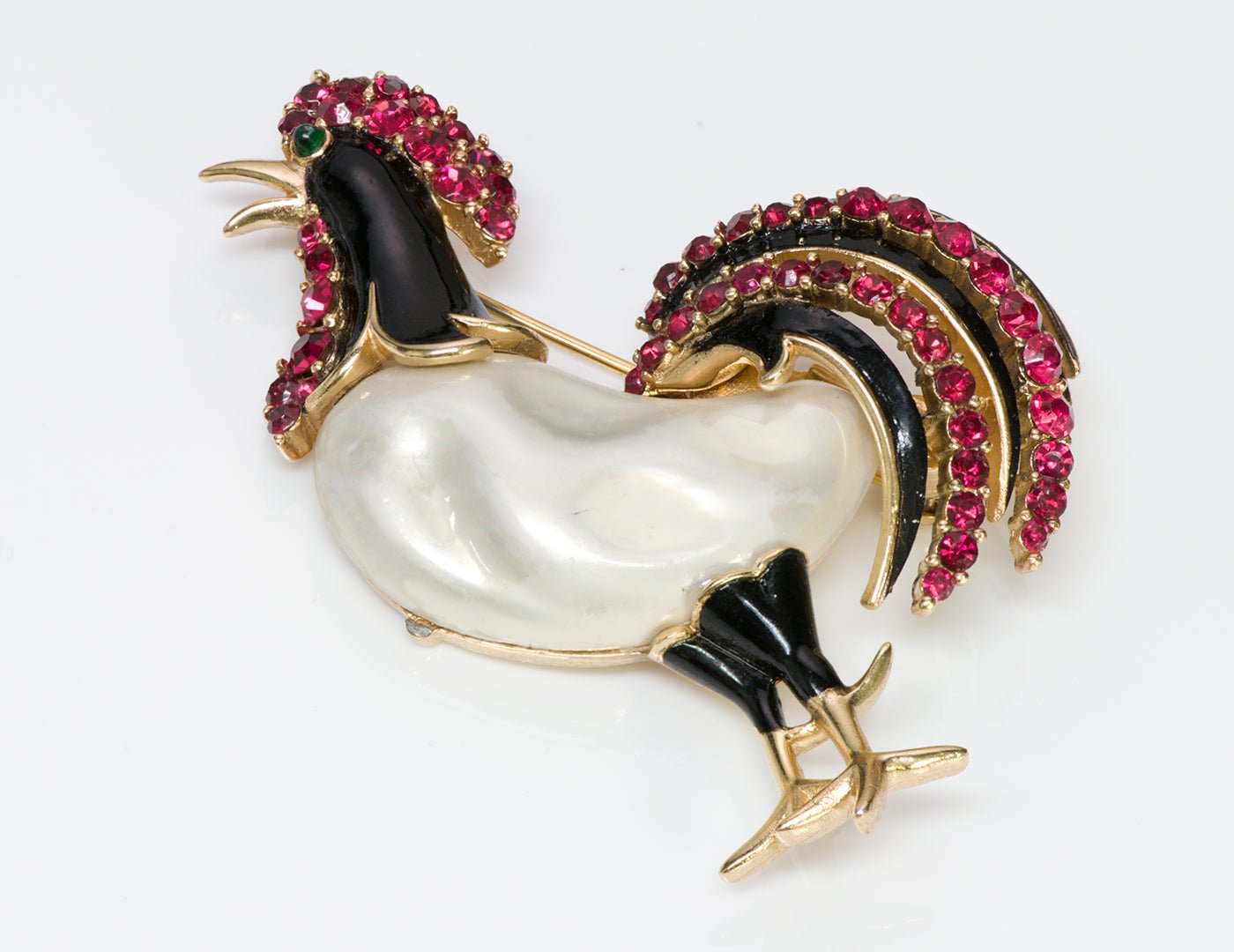 Trifari 1940’s Alfred Philippe Red Crystal Enamel Pearl Rooster Brooch