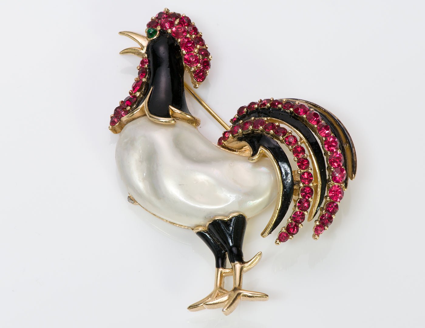 Trifari 1940’s Alfred Philippe Red Crystal Enamel Pearl Rooster Brooch