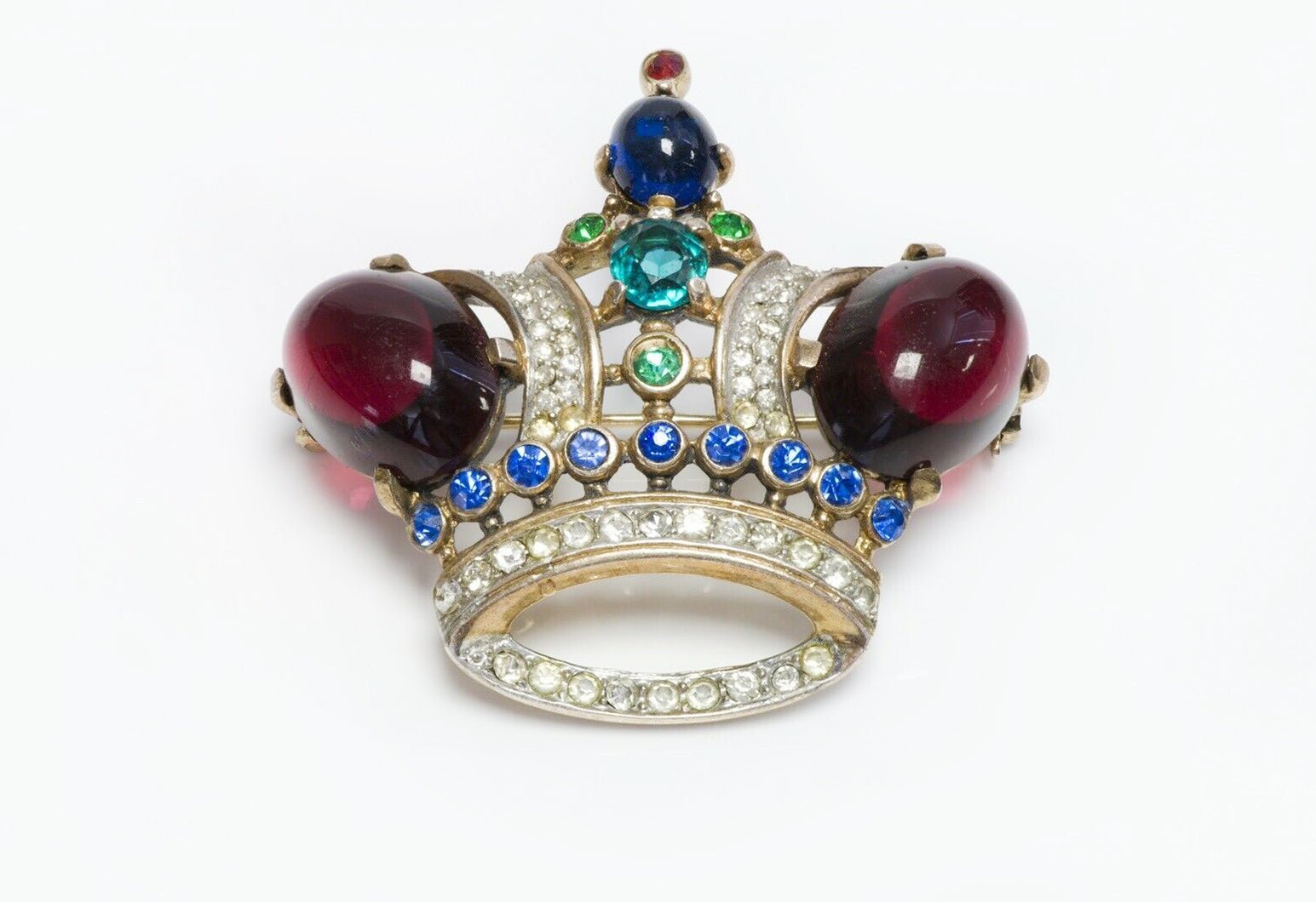 TRIFARI 1944 Alfred Philippe Sterling Red Blue Glass Jelly Belly Crown Brooch