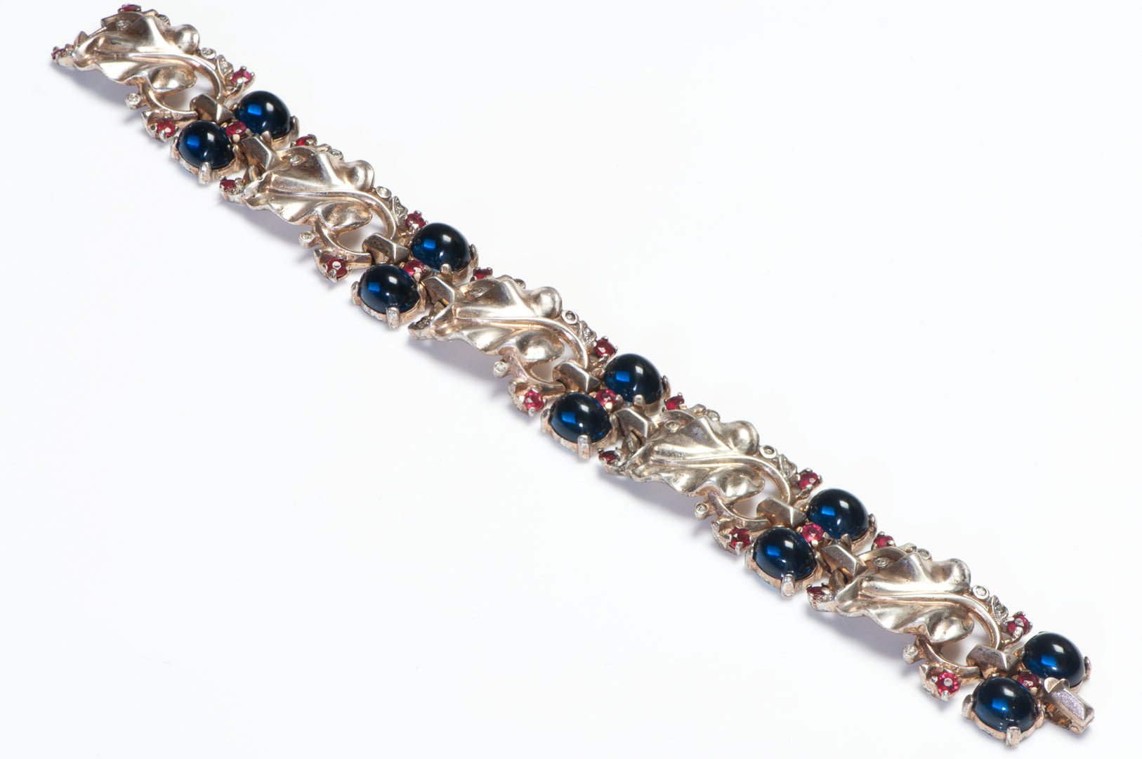 Trifari 1945 Alfred Philippe Sterling Blue Cabochon Red Crystal Leaf Bracelet