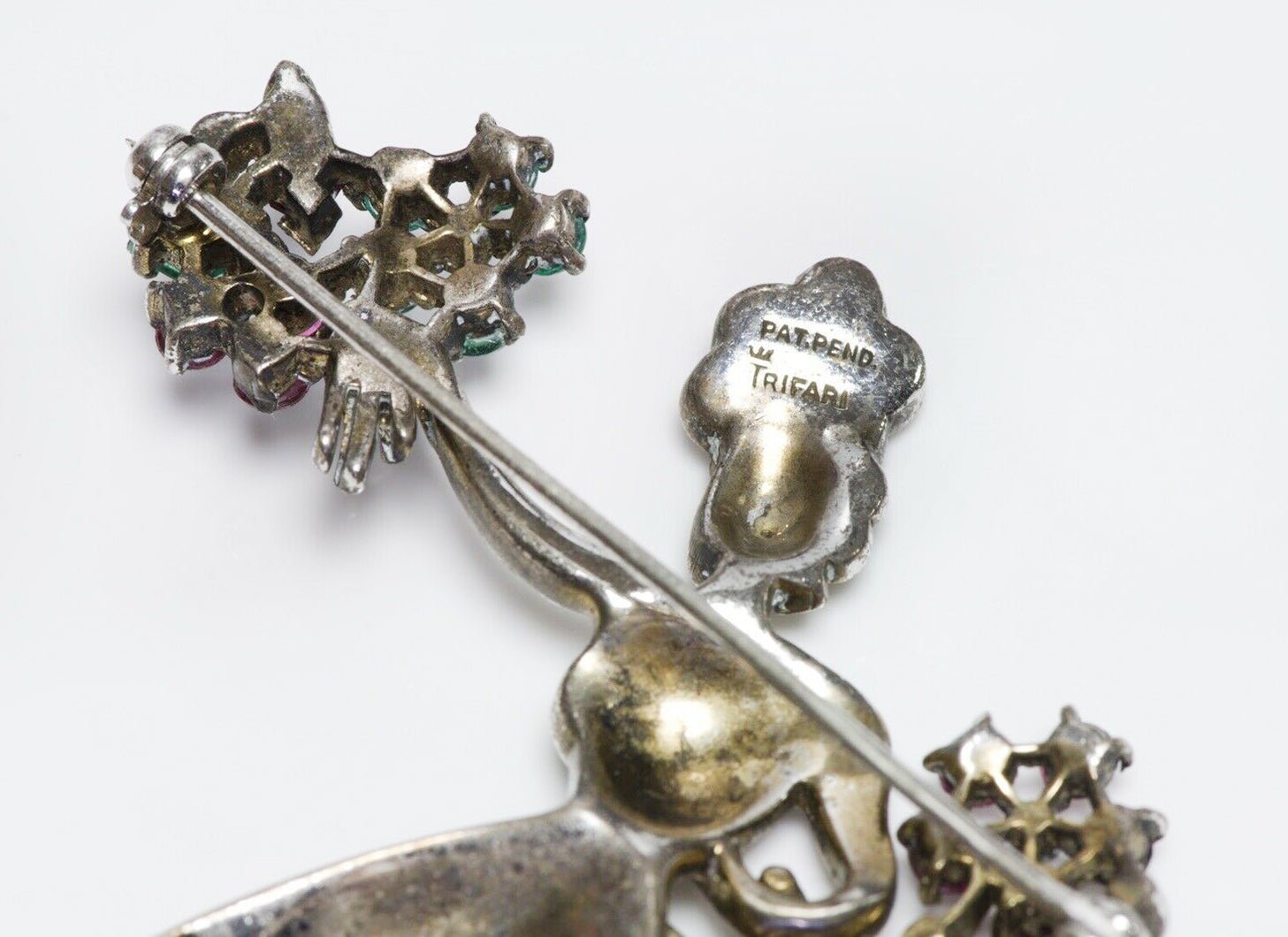 TRIFARI 1947 Alfred Philippe “Flower Seller” Sterling Red Green Crystal Brooch
