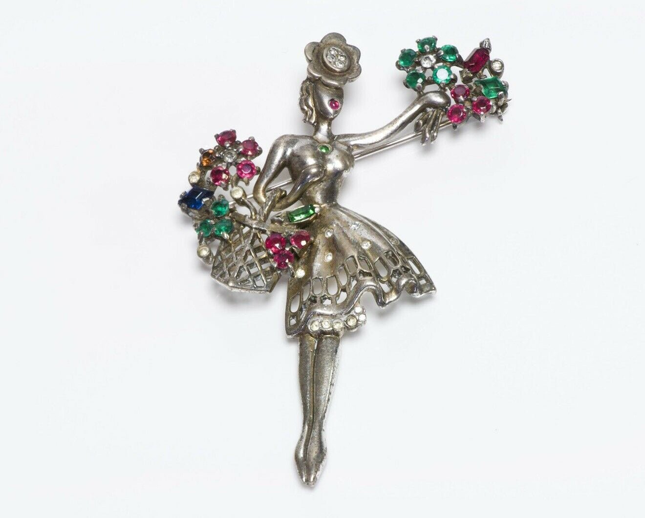 TRIFARI 1947 Alfred Philippe “Flower Seller” Sterling Red Green Crystal Brooch
