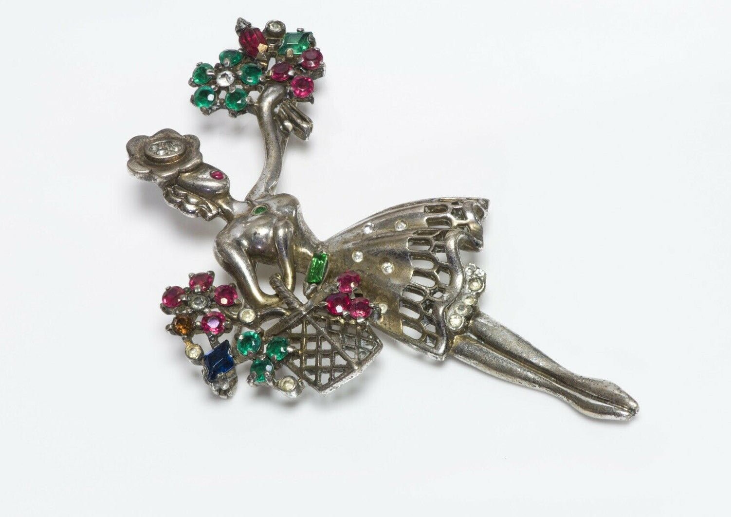 TRIFARI 1947 Alfred Philippe “Flower Seller” Sterling Red Green Crystal Brooch