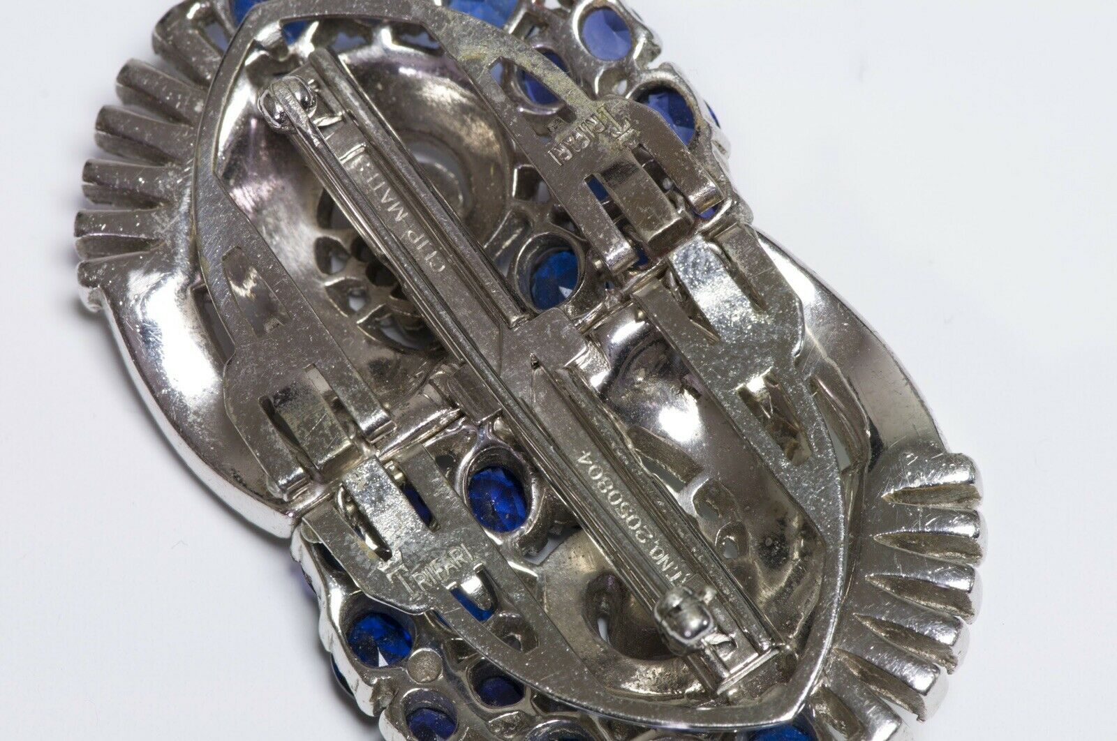 TRIFARI Alfred Philippe 1940’s Geometric Blue Crystal Double Clip Duette Brooch