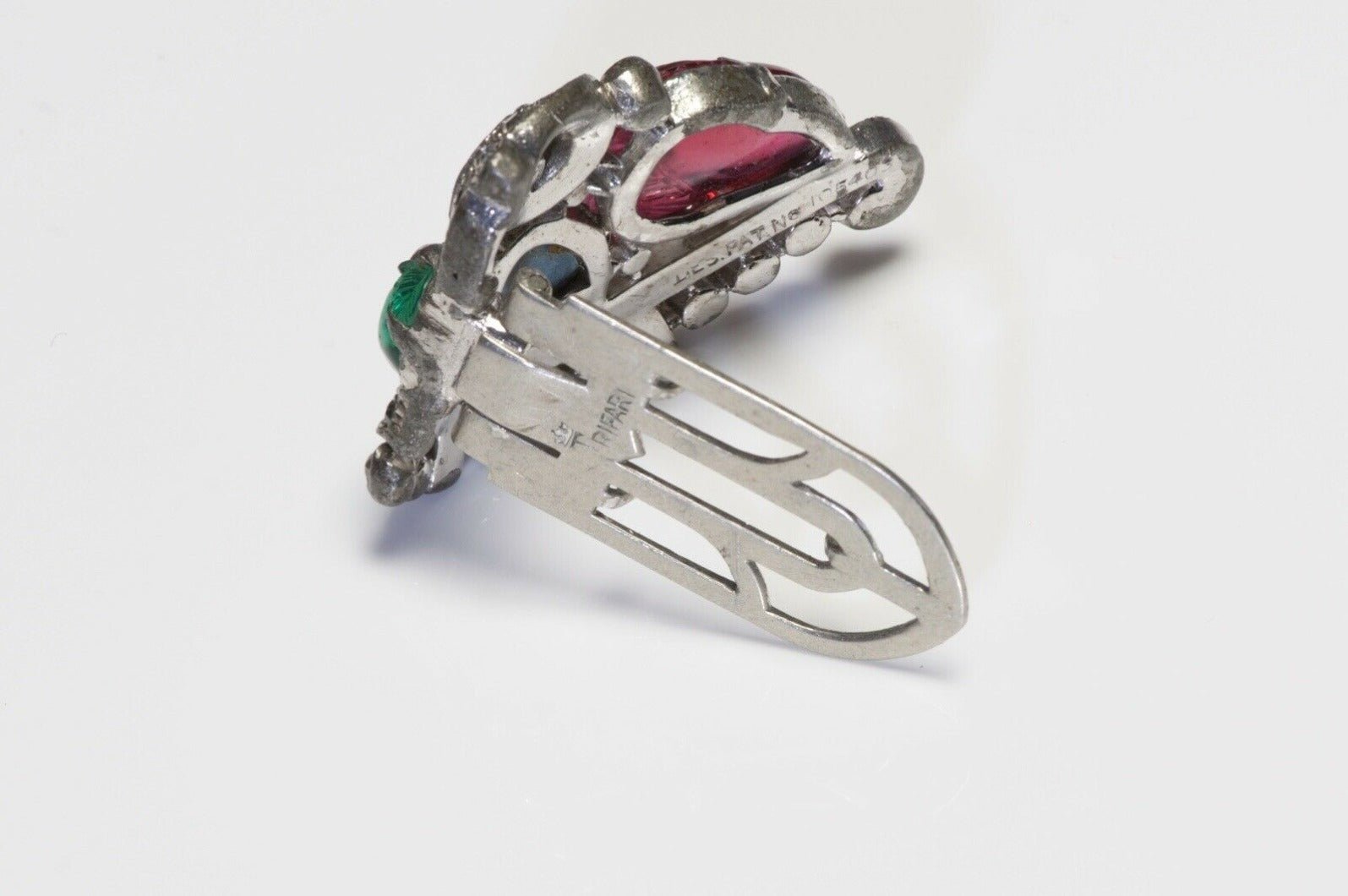 Trifari Alfred Philippe 1940’s Tutti Frutti Green Red Blue Crystal Clip Brooch