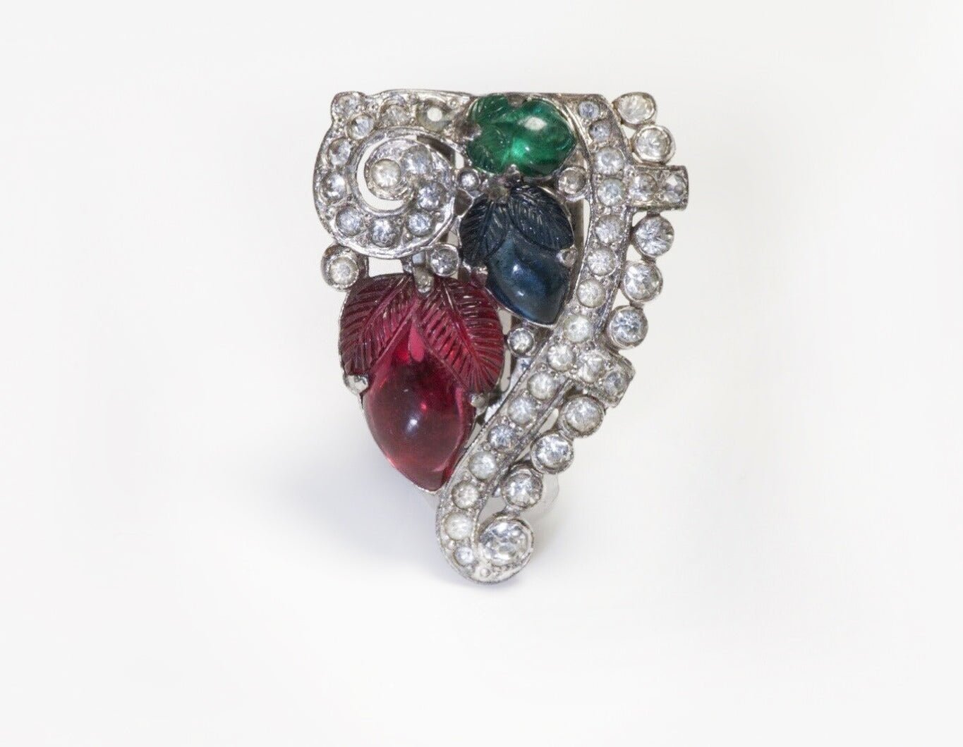 Trifari Alfred Philippe 1940’s Tutti Frutti Green Red Blue Crystal Clip Brooch