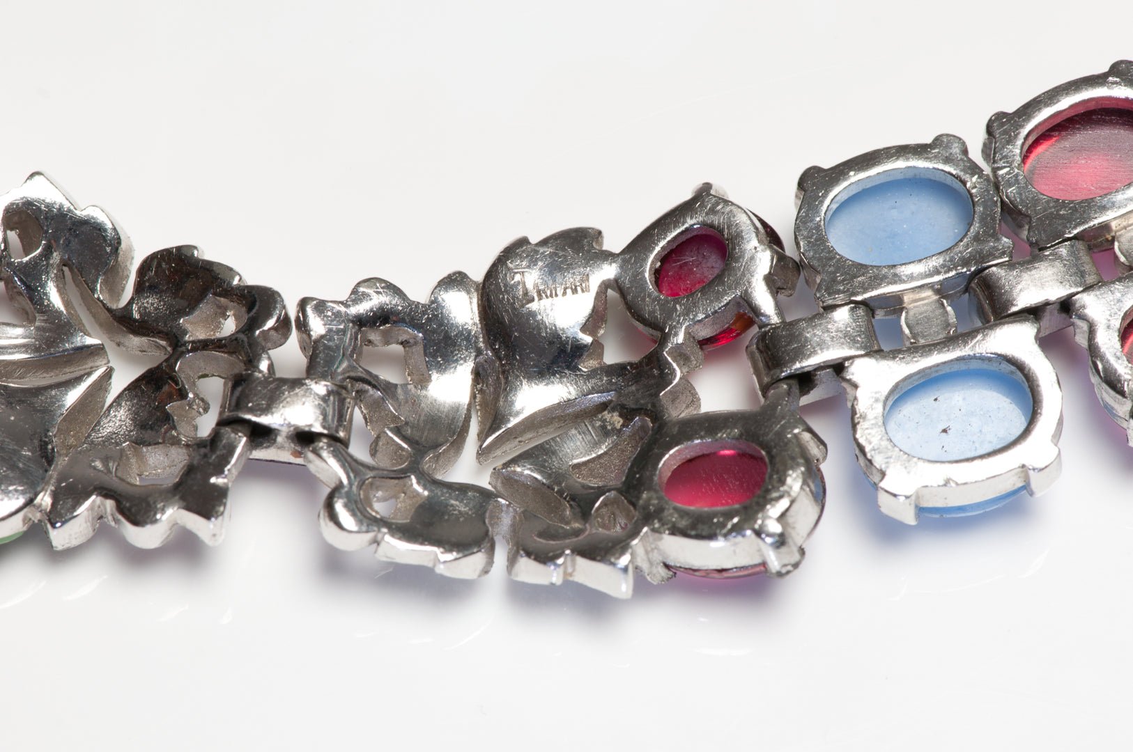 Trifari by Alfred Philippe Tutti Frutti Blue Red Glass Leaf Crystal Bracelet