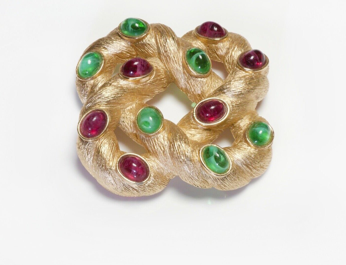 TRIFARI Gold Plated Red Green Cabochon Glass Celtic Knot Brooch
