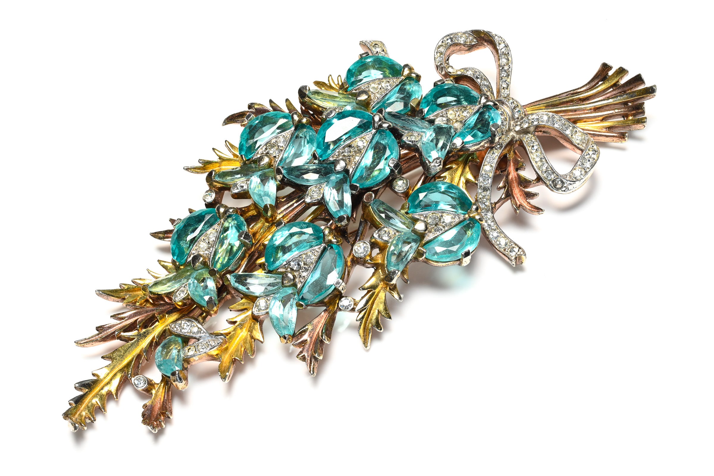 Vintage Trifari 1940's Alfred Philippe Blue Crystal Demilune Flower Brooch 1
