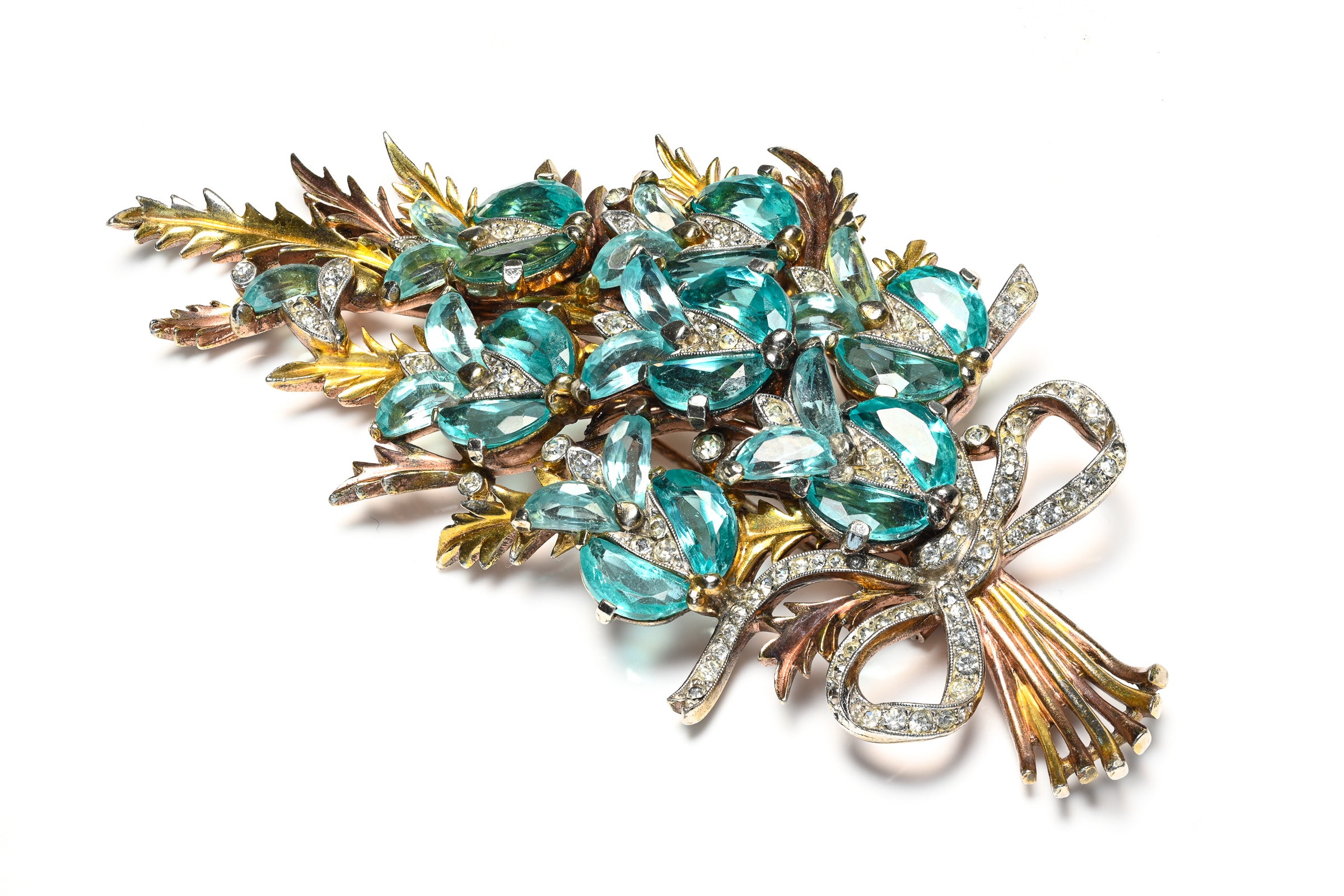 Vintage Trifari 1940's Alfred Philippe Blue Crystal Demilune Flower Brooch 2