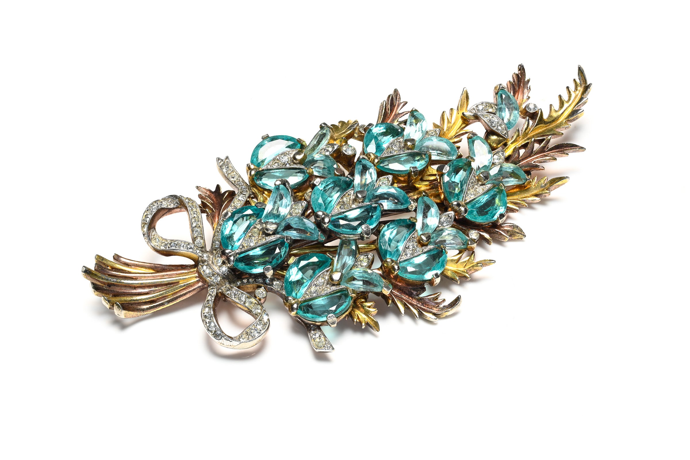Vintage Trifari 1940's Alfred Philippe Blue Crystal Demilune Flower Brooch