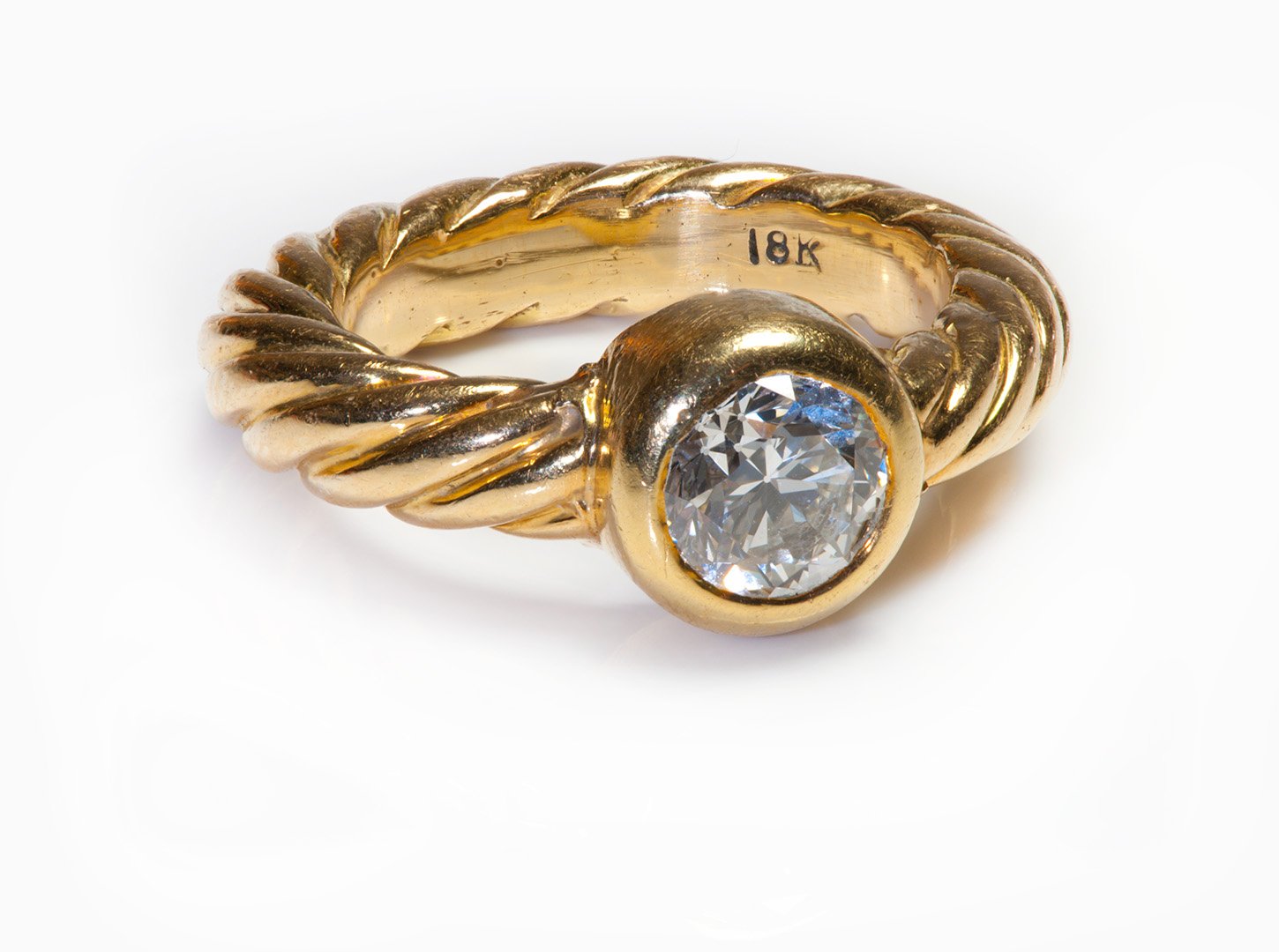 Twisted Rope 18K Yellow Gold Old Mine Cut Diamond Ring