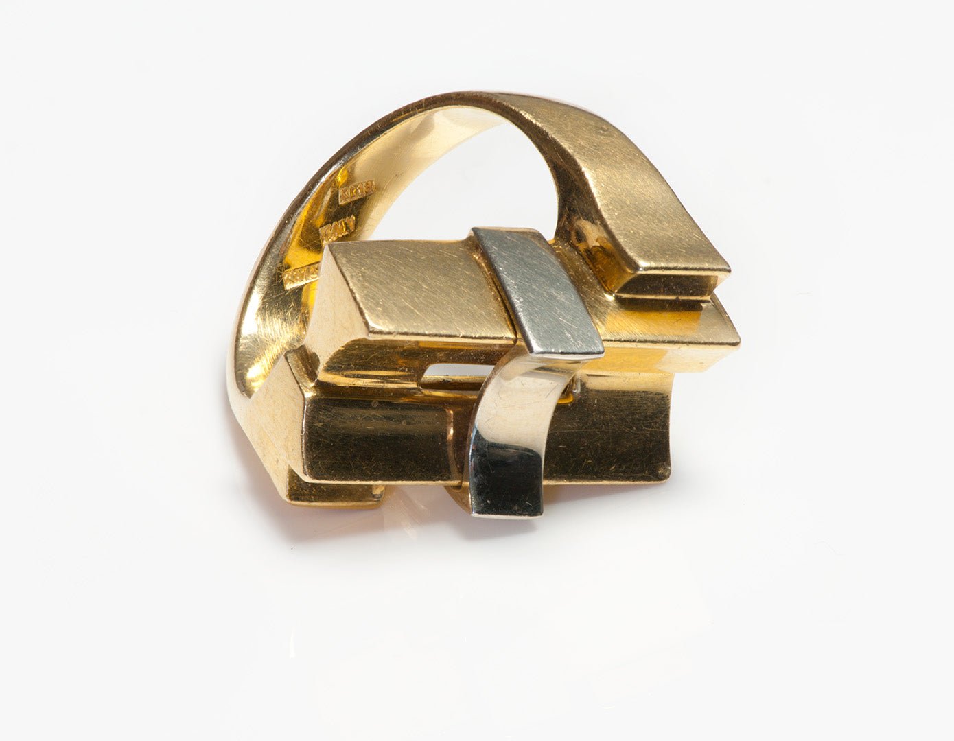 Two Tone 18K Yellow White Gold Architectural Modernistic Ring