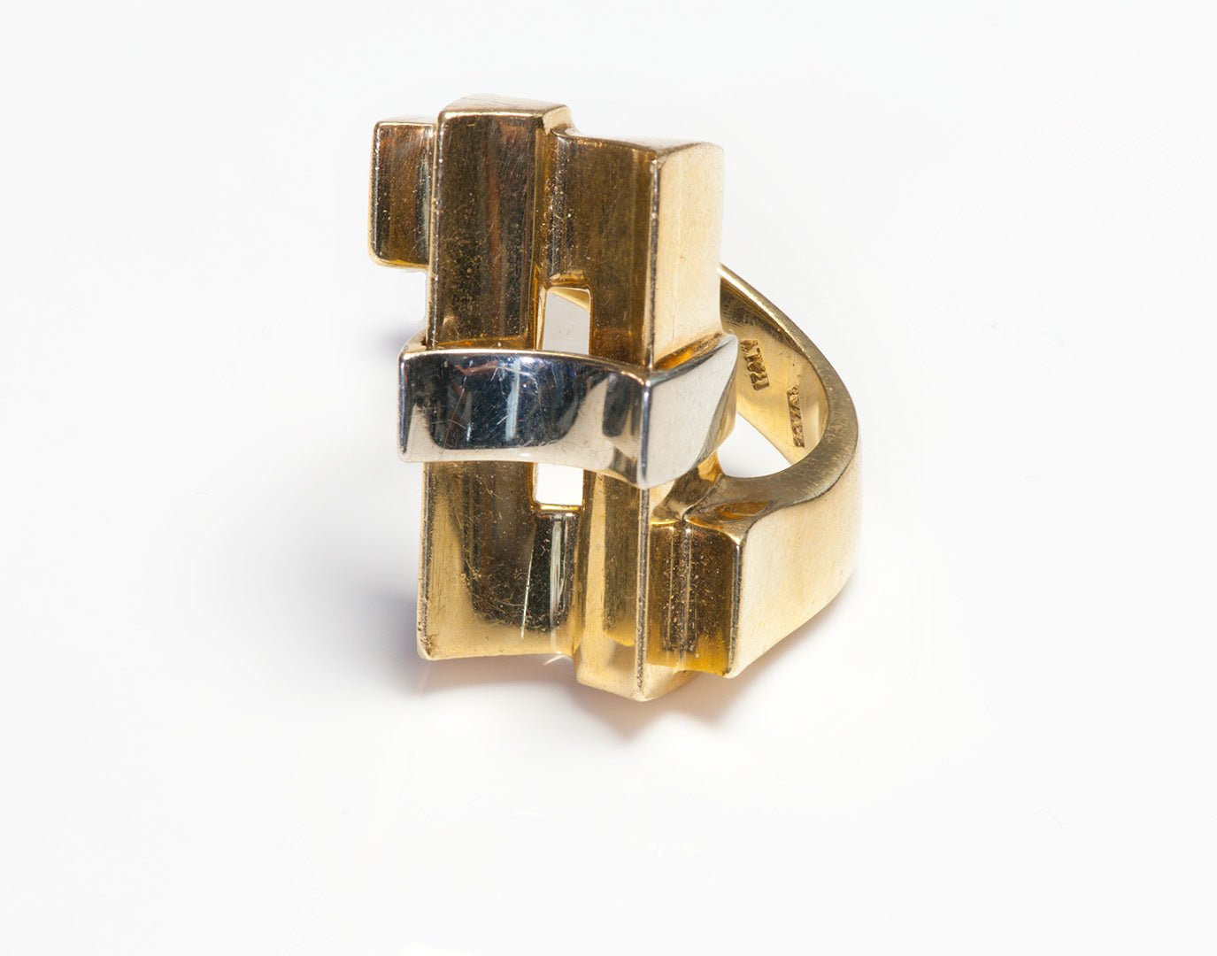 Two Tone 18K Yellow White Gold Architectural Modernistic Ring