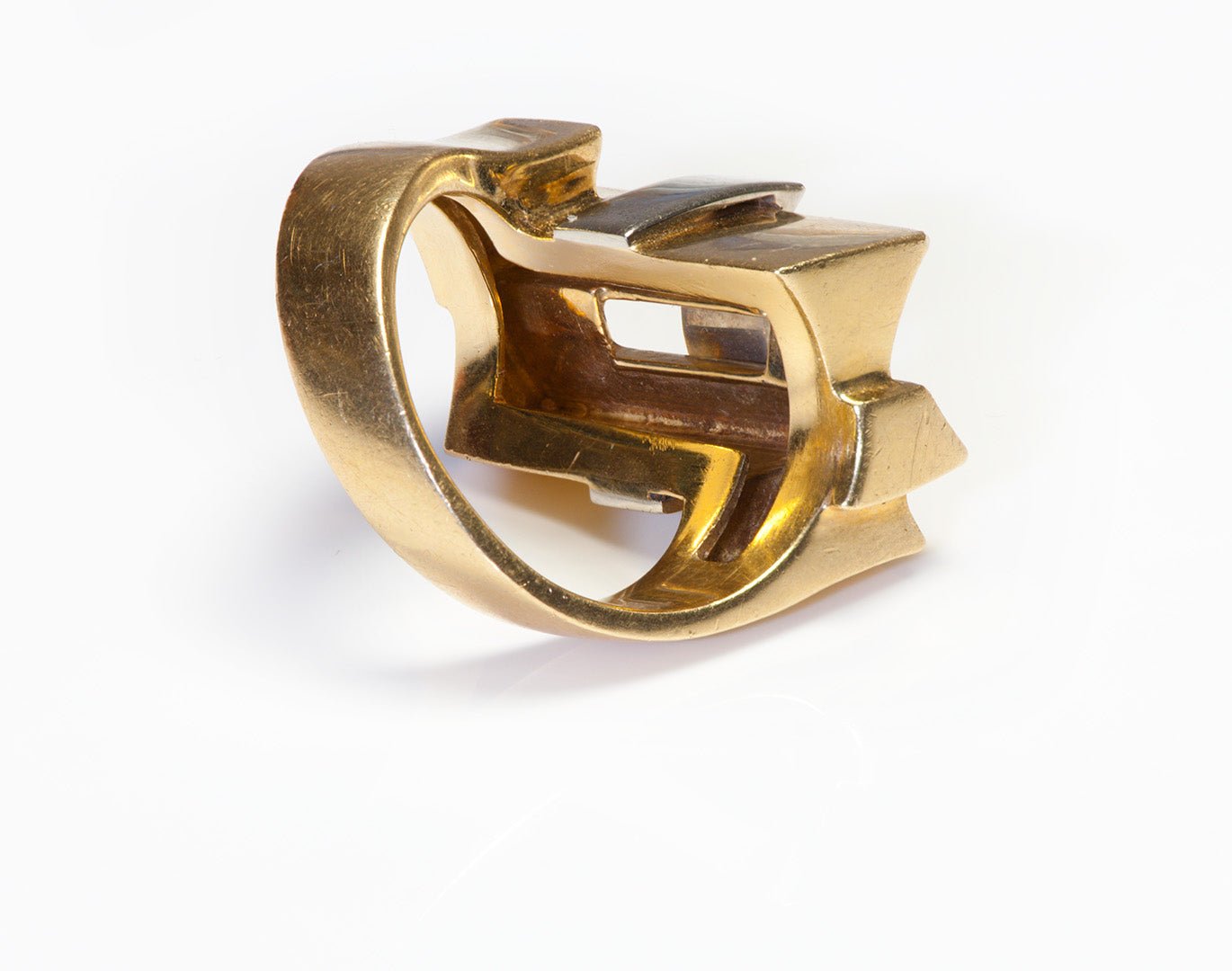 Two Tone 18K Yellow White Gold Architectural Modernistic Ring