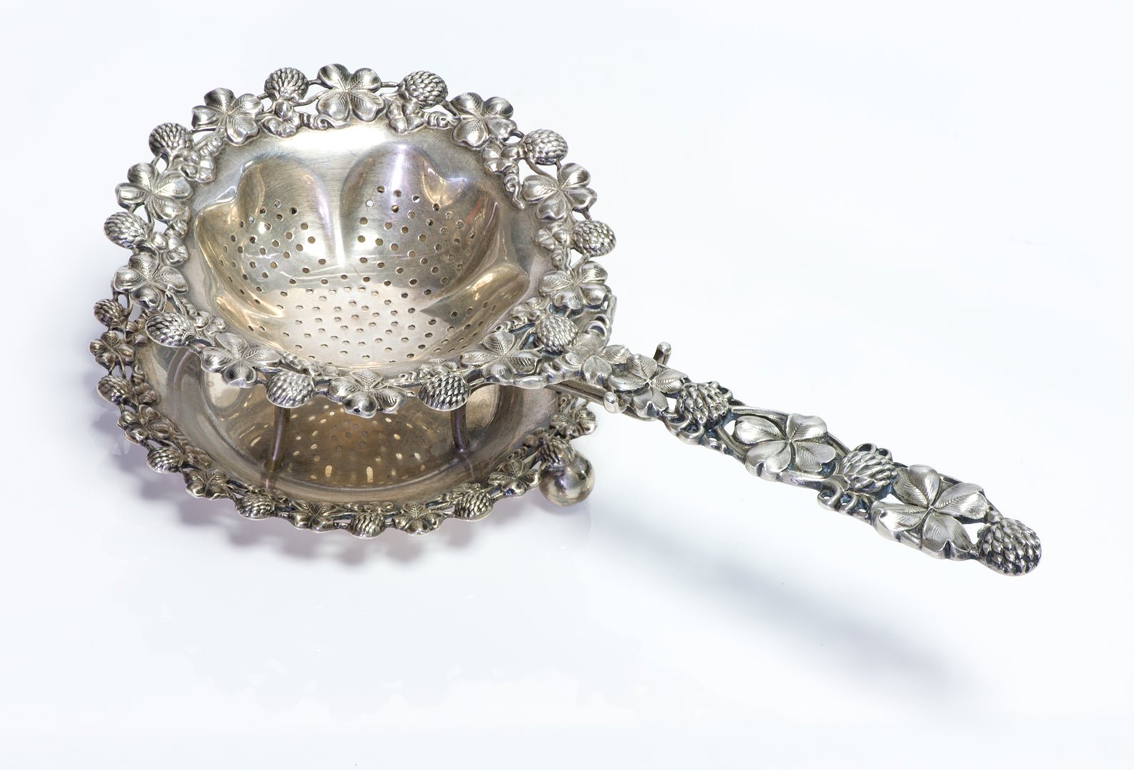 Udall & Ballou Antique Sterling Silver Tea Strainer & Stand