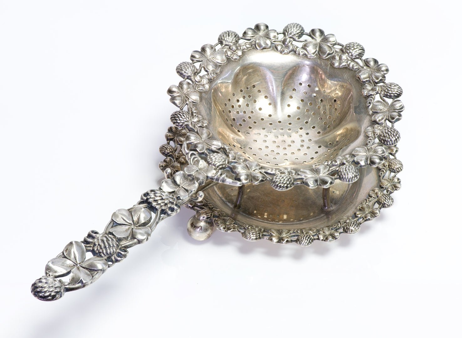 Udall & Ballou Antique Sterling Silver Tea Strainer & Stand