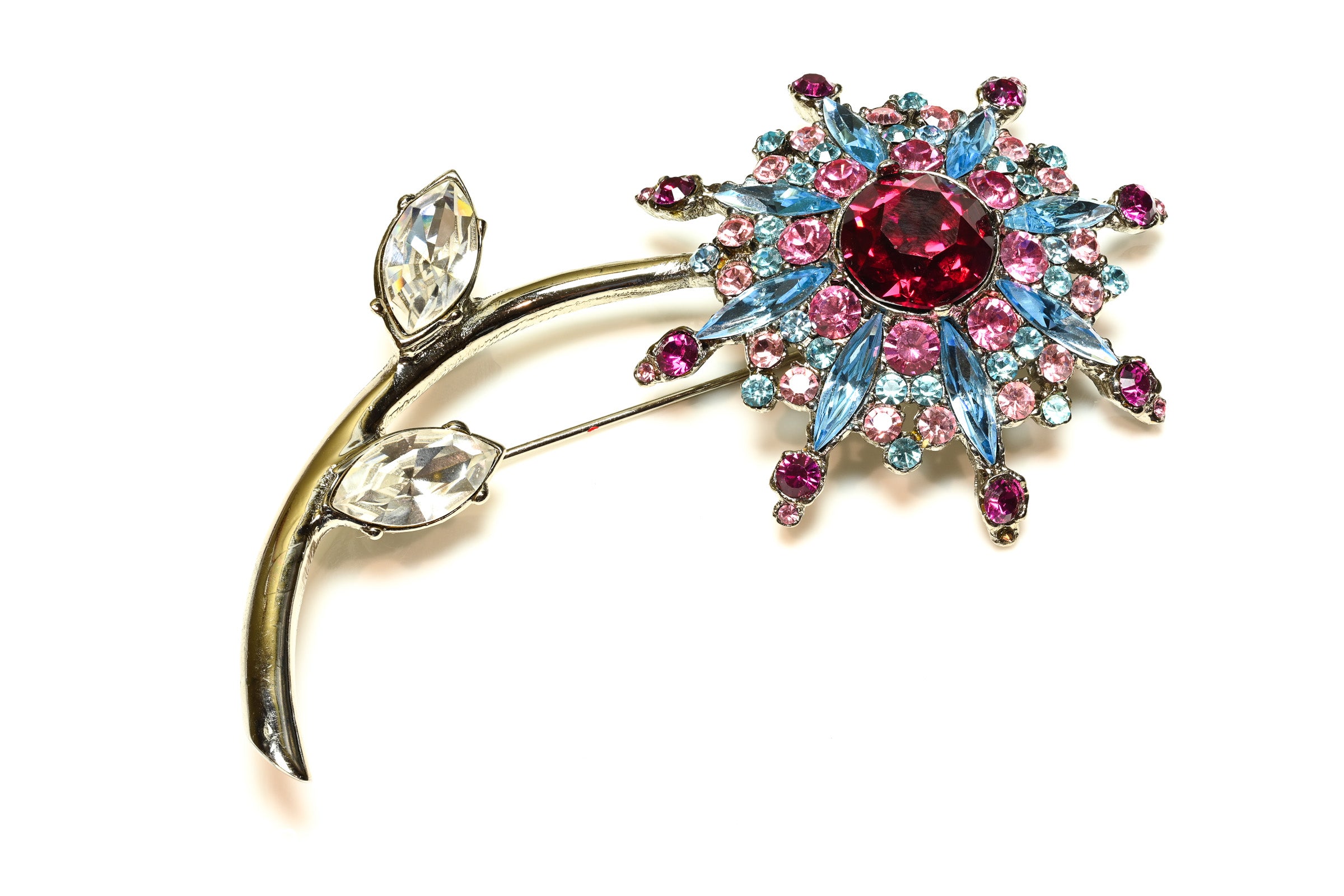 Vintage Emanuel Ungaro Couture Blue Pink Crystal Flower Brooch