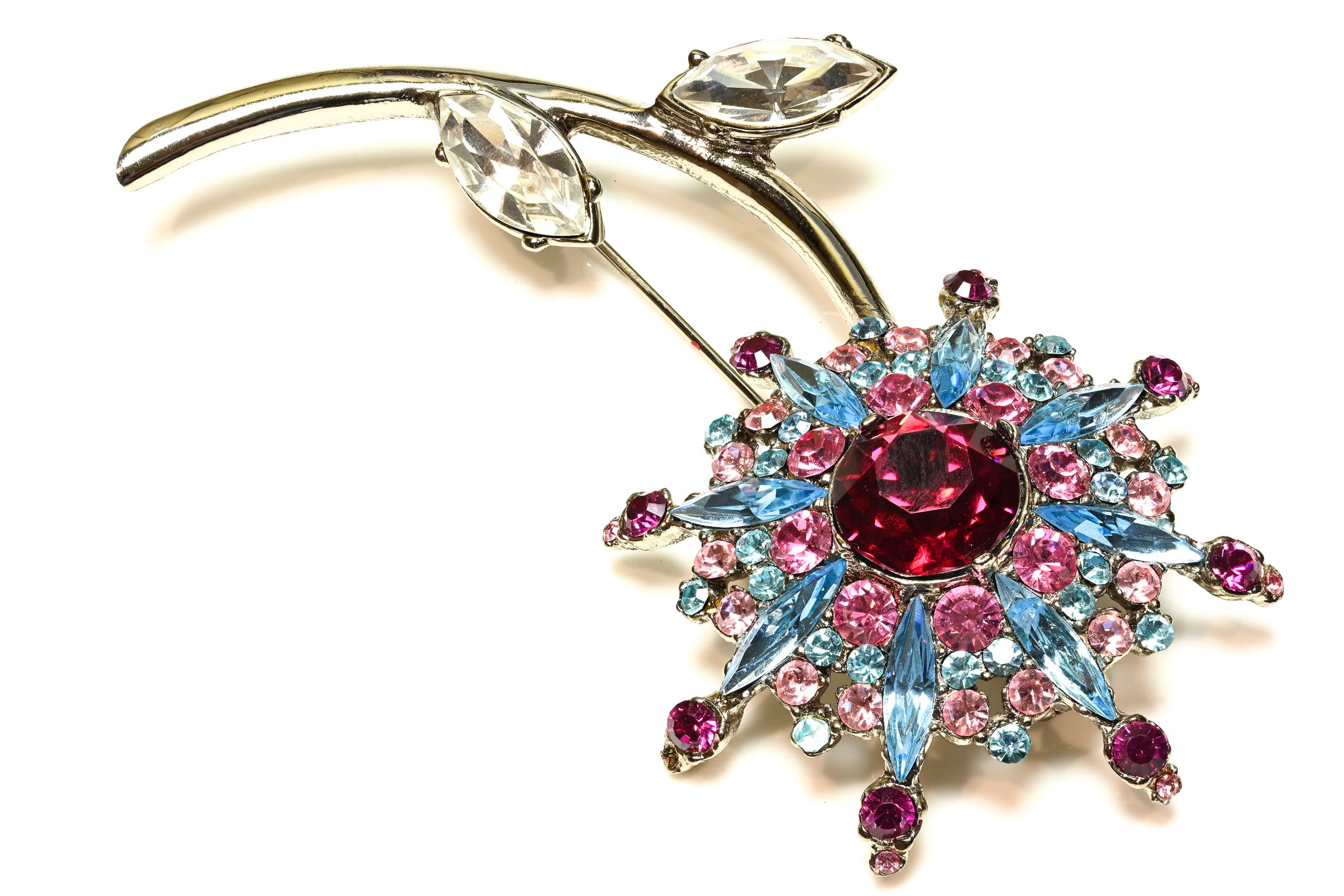 Vintage Emanuel Ungaro Couture Blue  Pink Crystal Flower Brooch 1