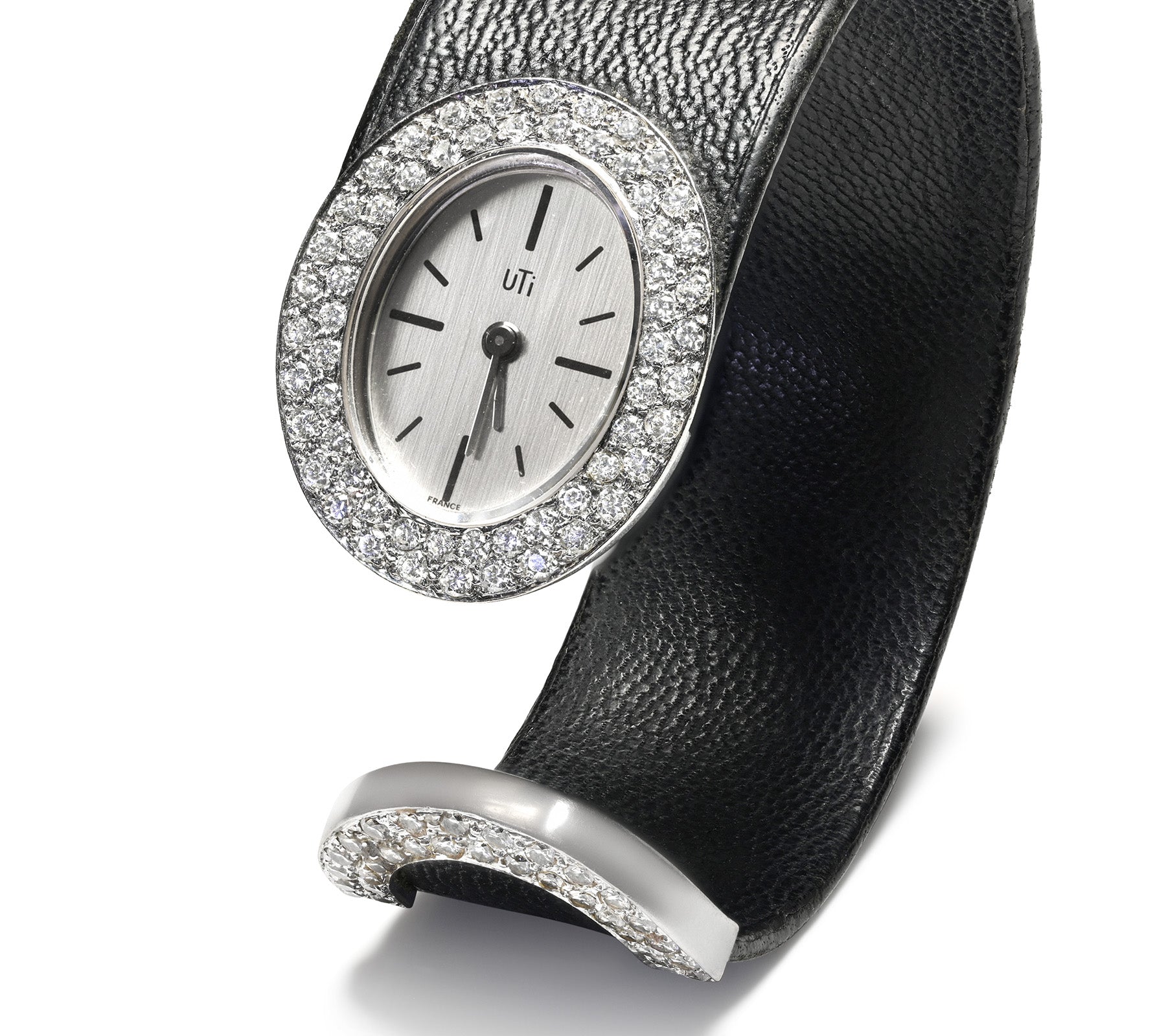 UTi Diamond 18K White Gold Leather Cuff Watch France