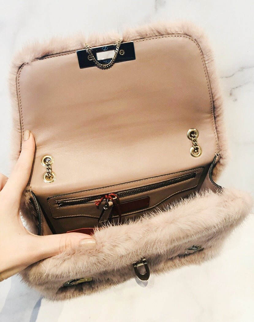 VALENTINO Demilune Dusty Pink Mink Fur Rockstud Flap Bag