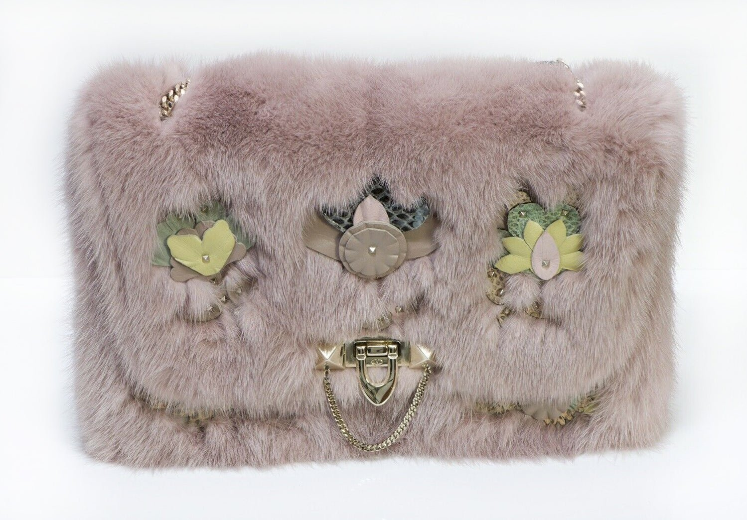 VALENTINO Demilune Dusty Pink Mink Fur Rockstud Flap Bag