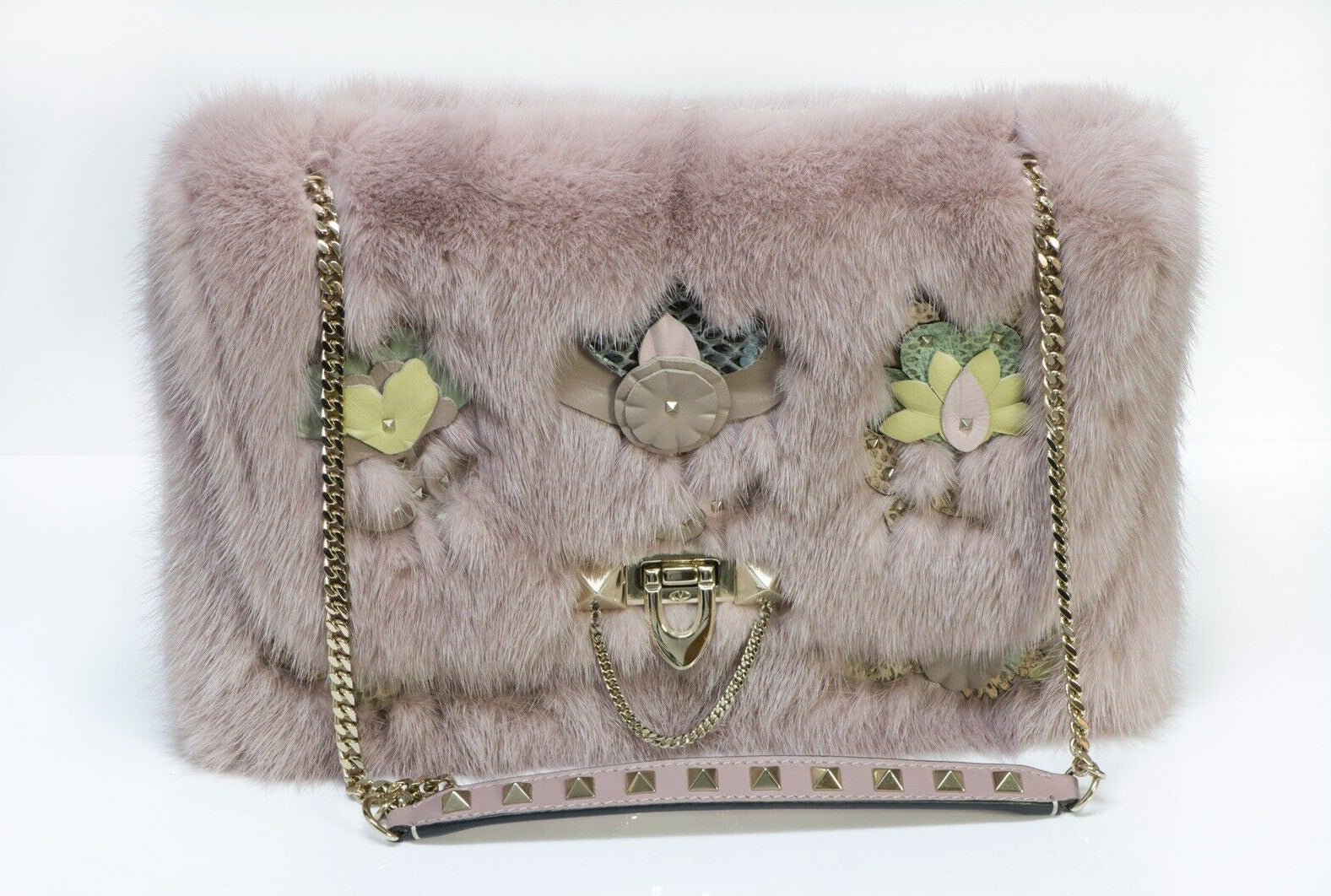 VALENTINO Demilune Dusty Pink Mink Fur Rockstud Flap Bag