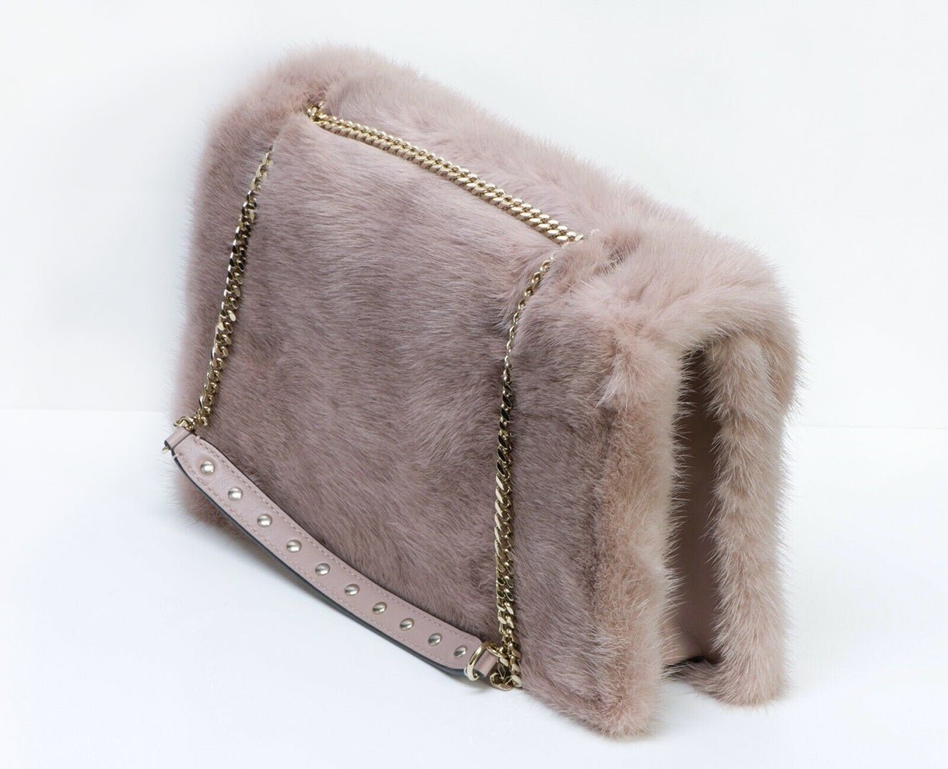 VALENTINO Demilune Dusty Pink Mink Fur Rockstud Flap Bag