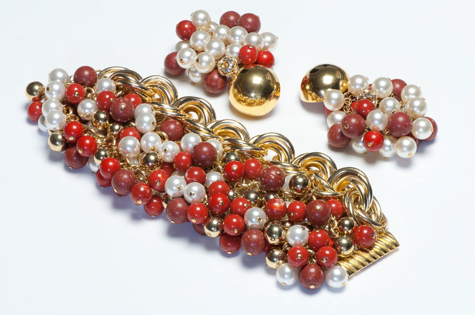 Valentino Garavani Couture 1980’s Pearl Red Beads Chain Earrings Bracelet Set