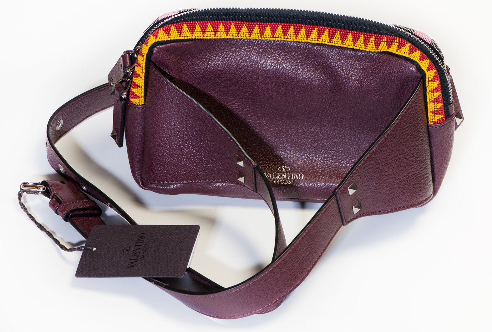 Valentino Spring 2016 Burgundy Leather Beaded Tribal Waist Bag