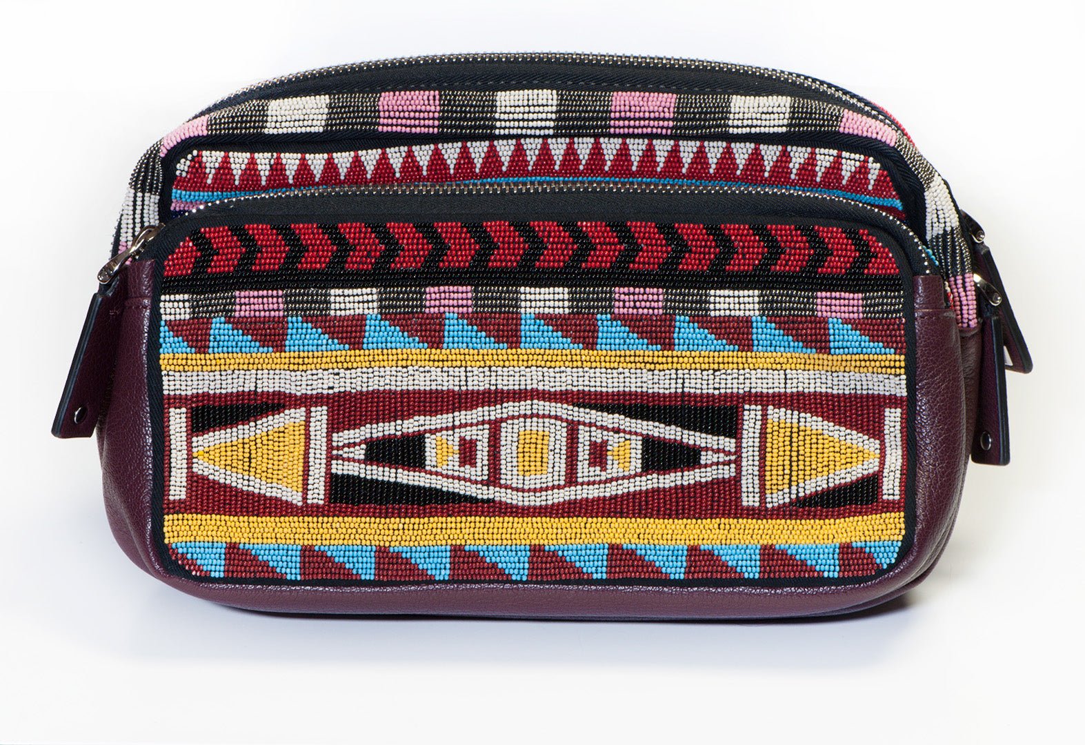 Valentino Spring 2016 Burgundy Leather Beaded Tribal Waist Bag