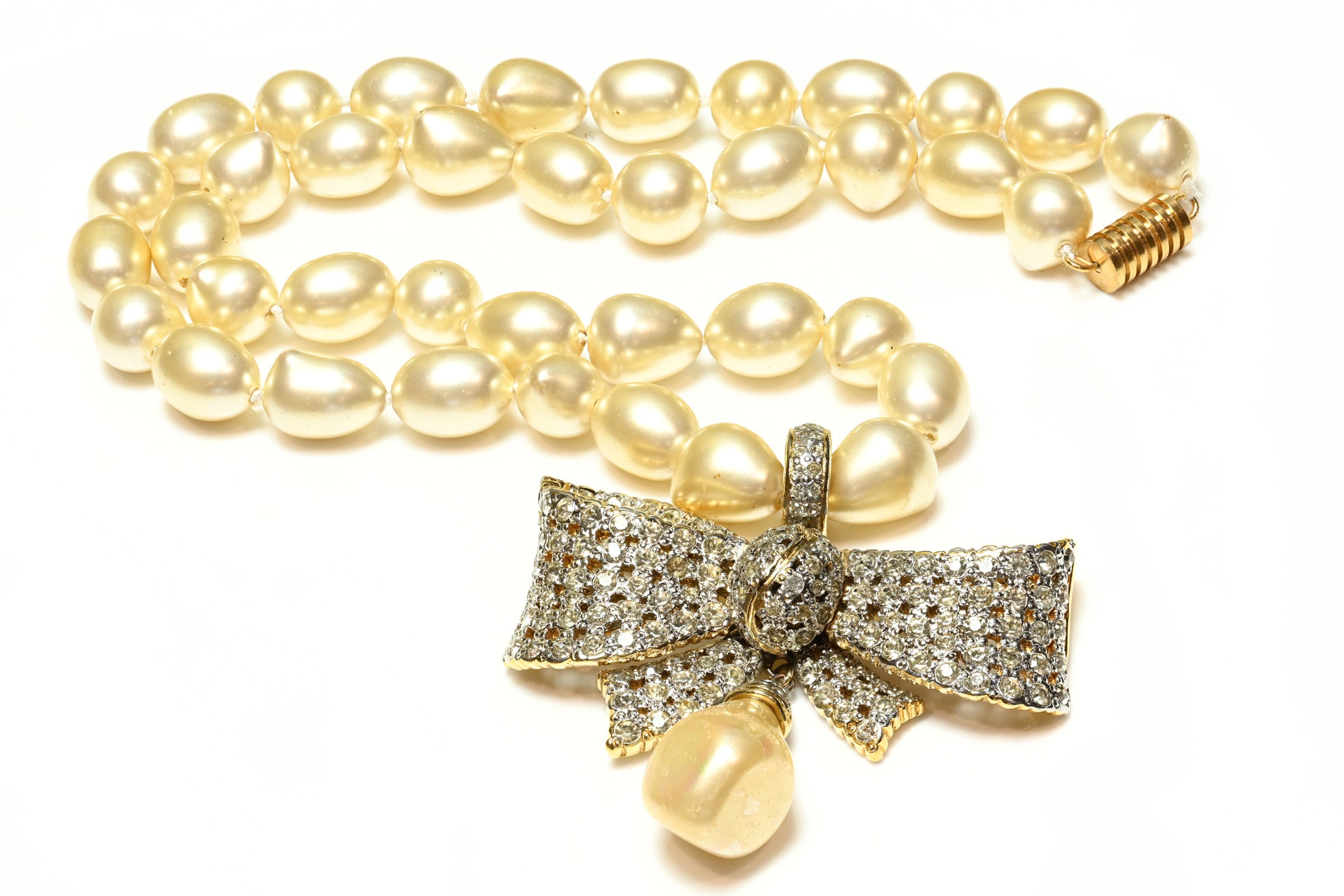 Vintage 1980's Valentino Garavani Couture Pearl Crystal Bow Necklace