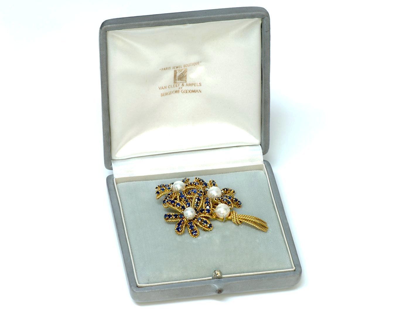 Van Cleef & Arpels 18K Gold Sapphire Pearl Flower Brooch