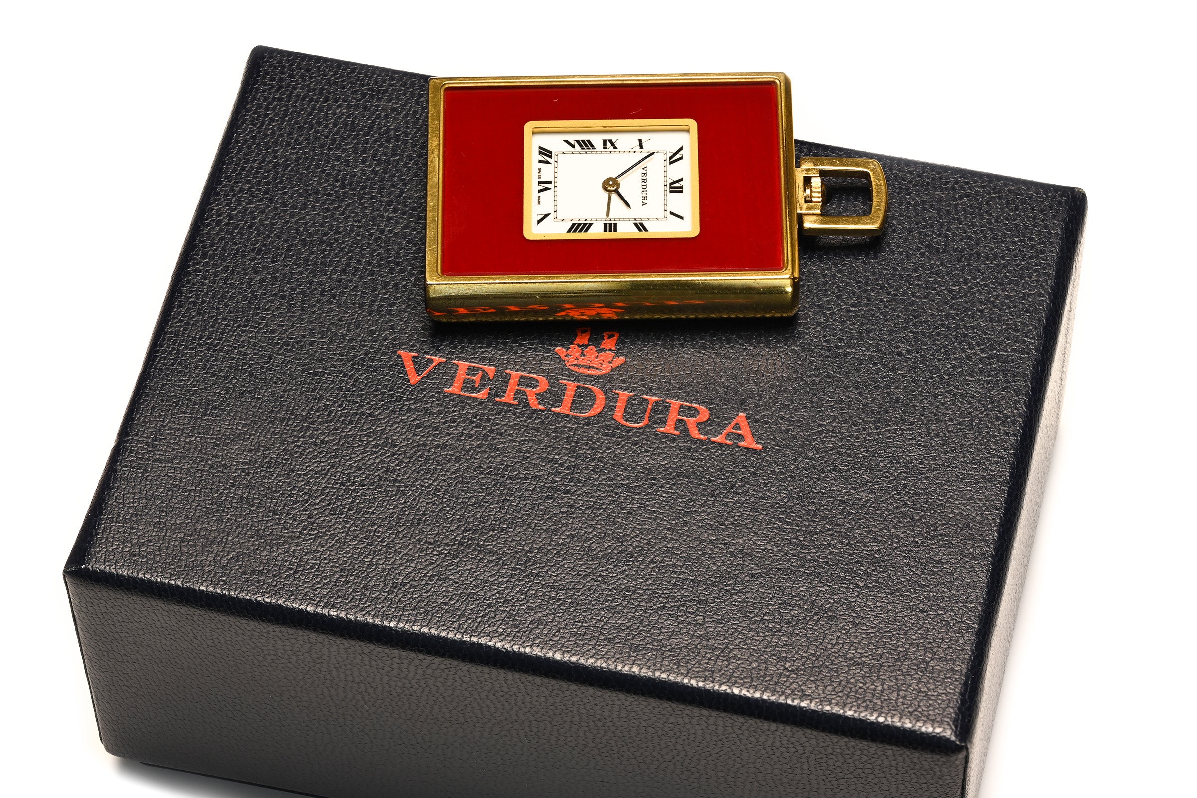 Vintage Verdura Red Enamel Miniature Travel Clock with Original Box and Pouch