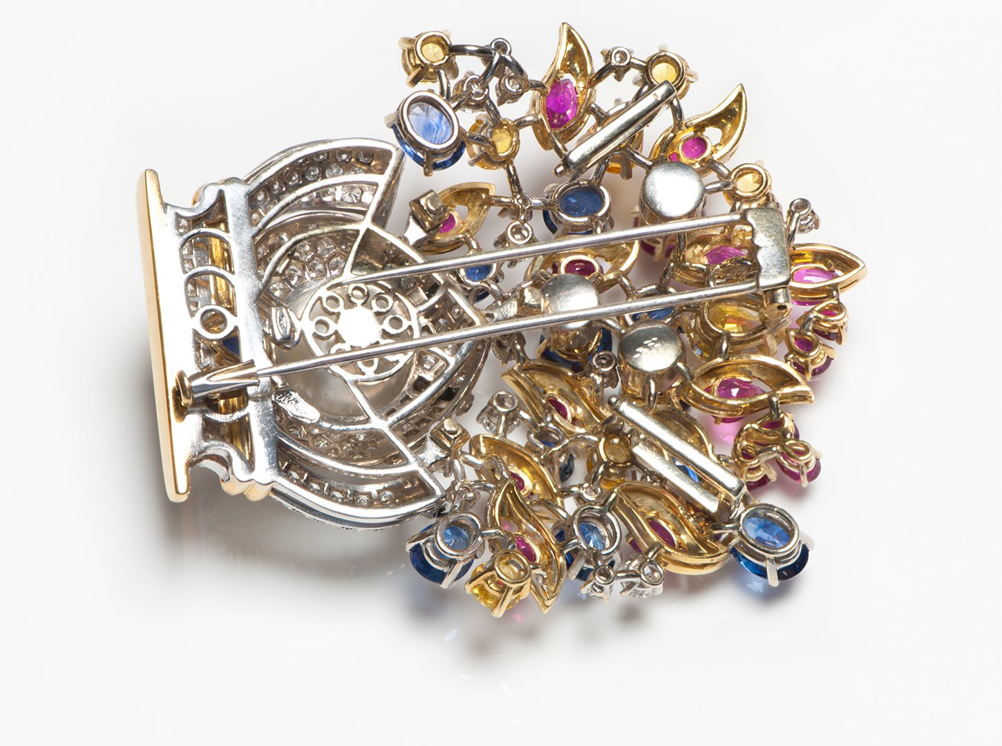 Vibrant Diamond Pearl Multi Gemstone 18K Gold En Tremblant Basket Pendant Brooch