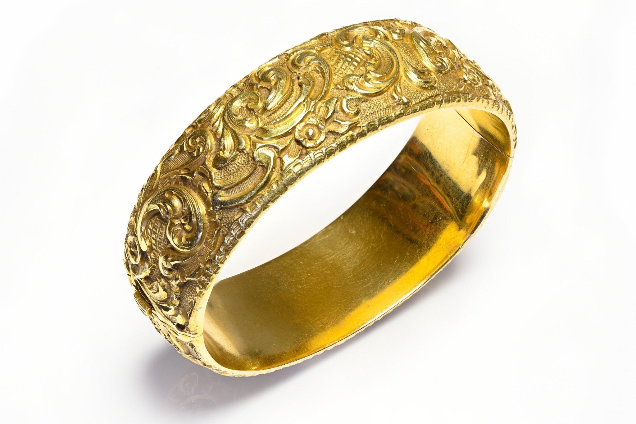 Victorian Carved 18K Gold Wide Bangle Bracelet