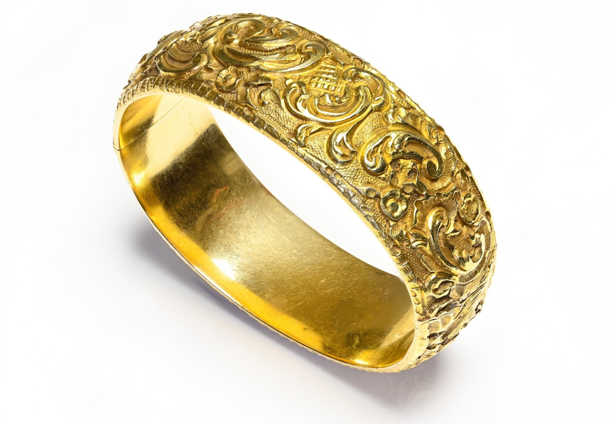Victorian Carved 18K Gold Wide Bangle Bracelet